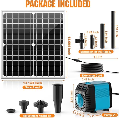 Miniatura 6 de Fuente de bomba de agua solar, bomba de agua solar de 20 W para exteriores, flujo de 320 GPH sumergible ajustable con energía solar, longitud de