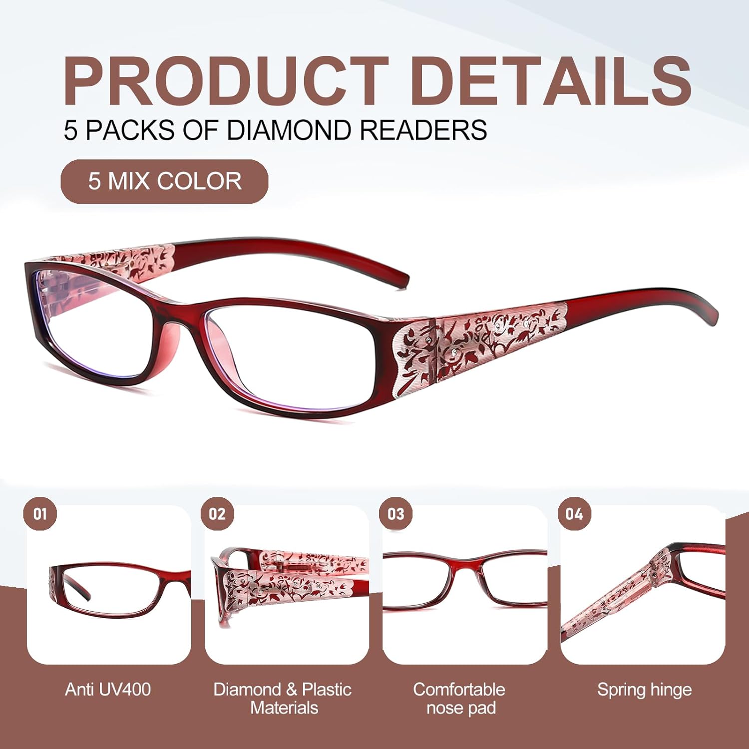 Reading Glasses Women Rhinestone Computer Reader Stylish Spring Hinge With Laser Pattern Diamond Eyewear 5 Pack PT2003 - Image 5