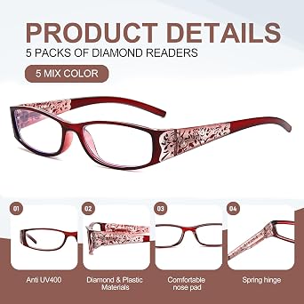 Reading Glasses Women Rhinestone Computer Reader Stylish Spring Hinge With Laser Pattern Diamond Eyewear 5 Pack PT2003