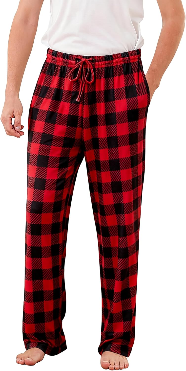 Mens Christmas Pajamas Pants Plaid Flannel Pjs Bottom with Pockets M-XXL