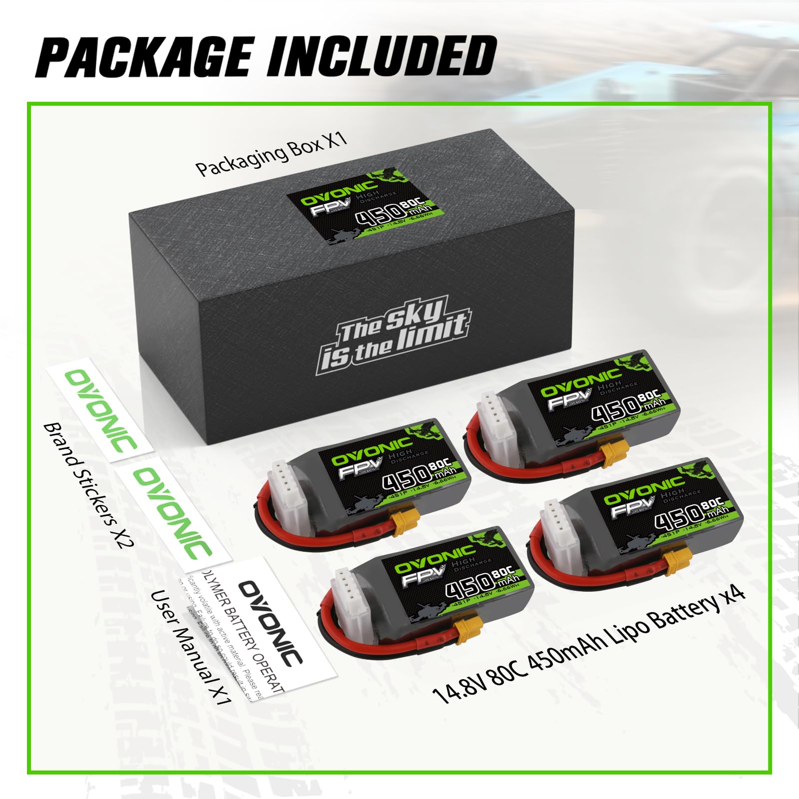 OYONIC 450mAh 100C 4S XT30バッテリー4個 Ovonic 14.8V 4S 450mAh 100C LIPO ドローン バッテリー XT30