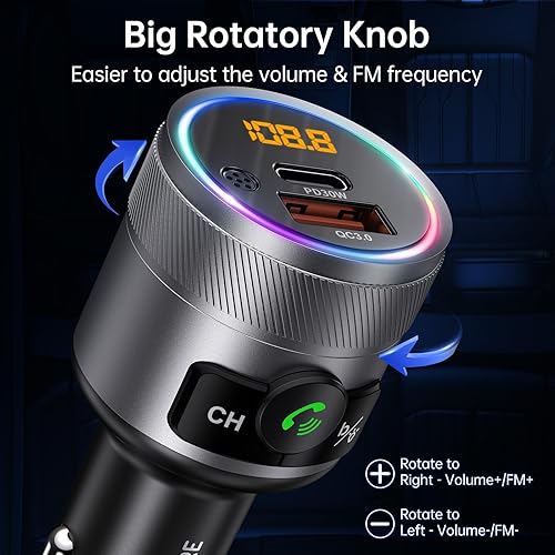 Miniatura 6 de Syncwire Transmisor FM Bluetooth 5.4 para coche, 38 W PD y QC3.0 Dual USB Carga Bluetooth Adaptador de coche Micrófono y sonido de graves MP3