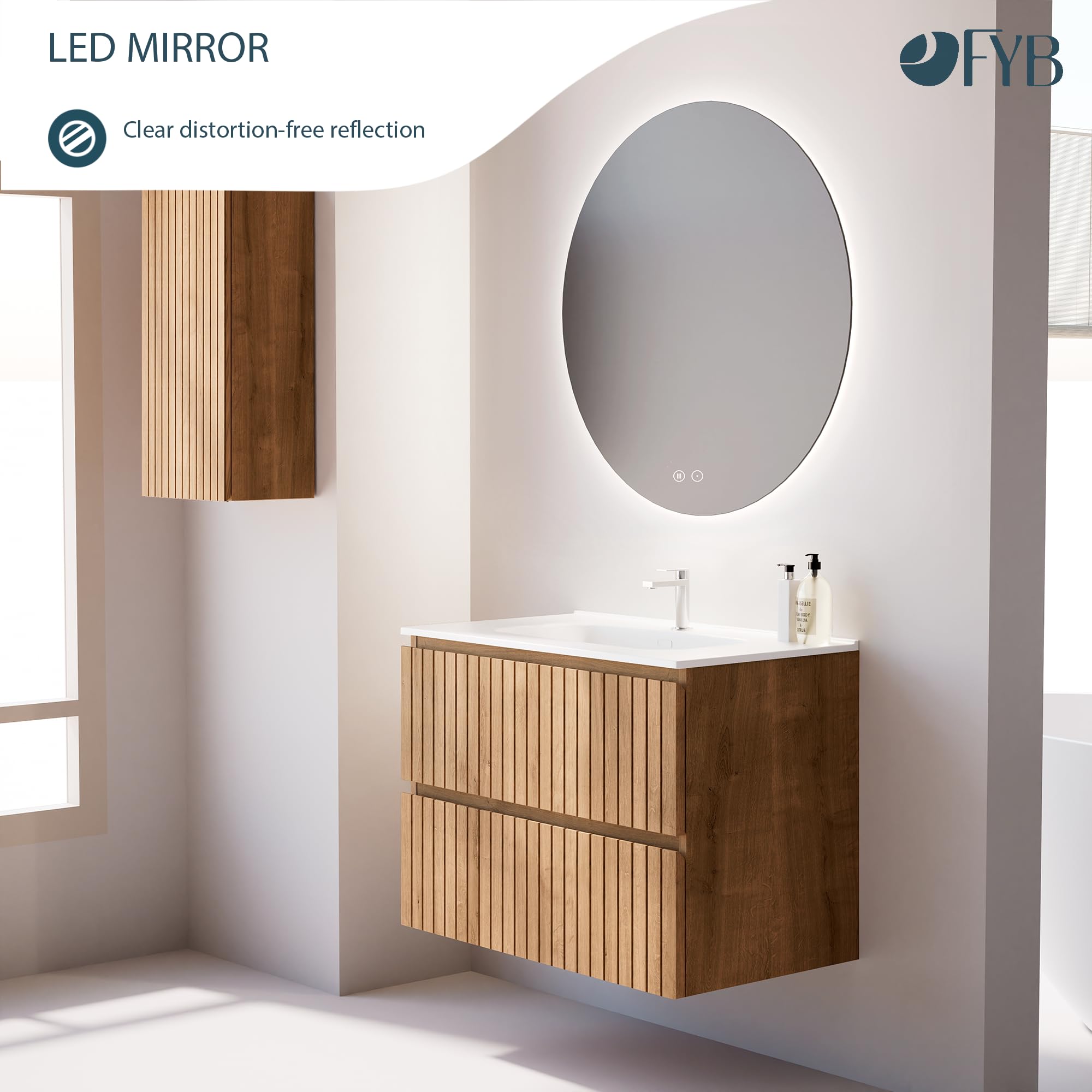 Espejo Redondo LED Ø90 cm Sin Marco, Antivaho, Luz Regulable en Intensidad, Interruptor Táctil, Vidrio Templado, Apagado Automático, Diseño Moderno para Baño y Fácil Instalación
