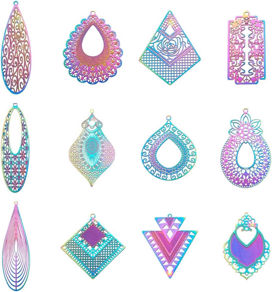 Pandahall 48pcs Stainless Steel Filigree Pendants Rainbow Teardrop Kite Rhombus Charms Etched Metal Embellishments Rectangle Sugar Skull Hollow Connector for Bracelet Necklace Earring Jewelry Making