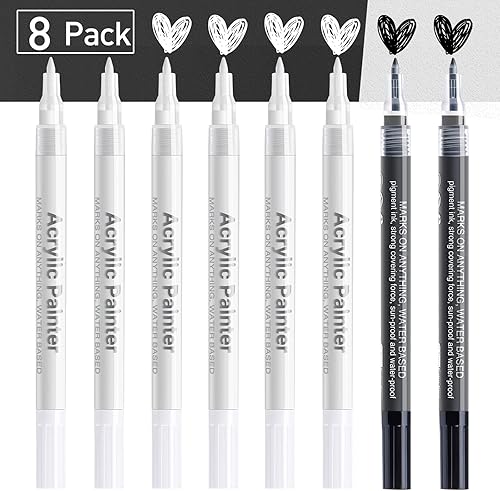 Miniatura 2 de AKARUED Bolígrafo de pintura acrílica blanca, punta fina: paquete de 8 rotuladores de pintura negra y blanca de 0.028 in para madera, marcadores