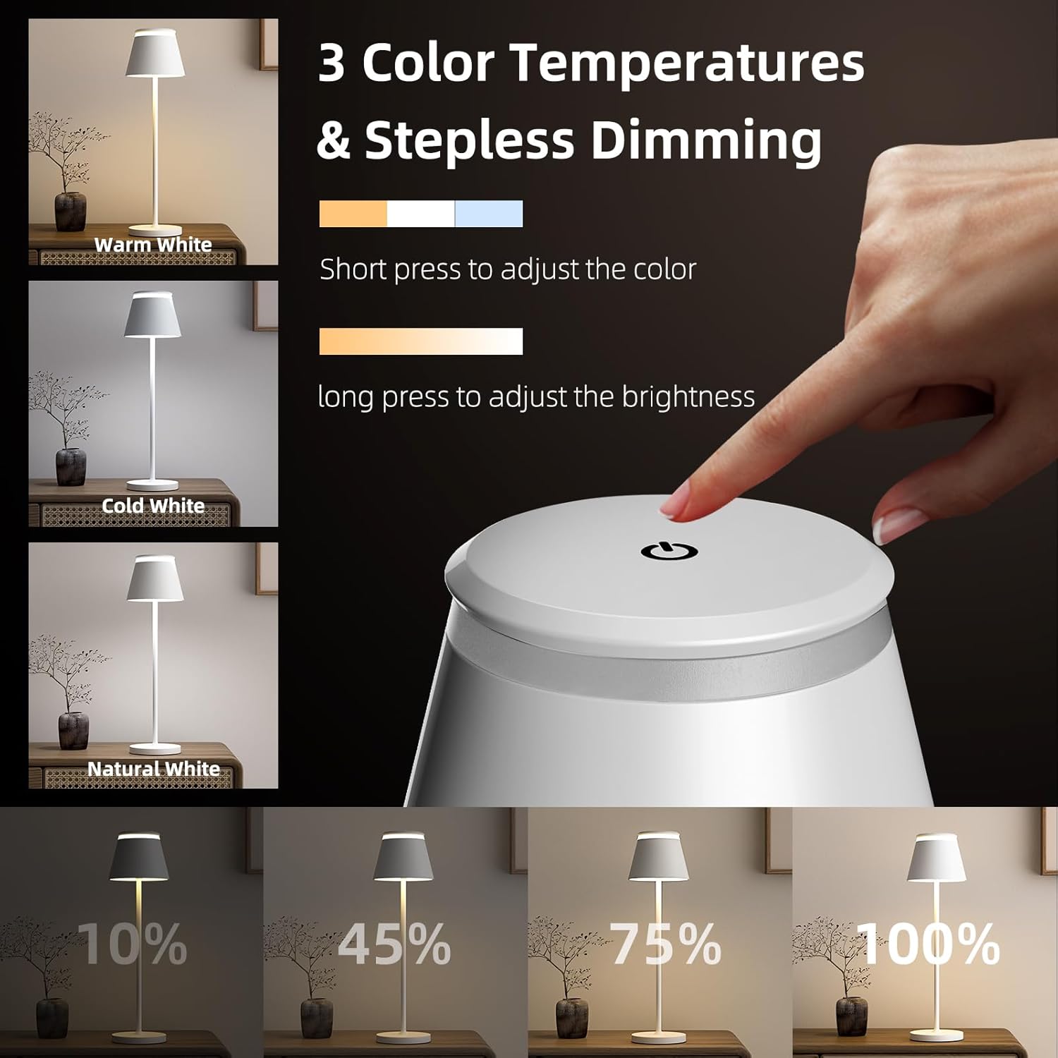 Cordless Table Lamp Set of 2 with Portable USB Rechargeable Dock, LED Wireless Touch Desk Lamps with Remote, 3 Color Stepless Dimmable, for Bedroom Night Lights Dining Outdoor Patio Restaurant