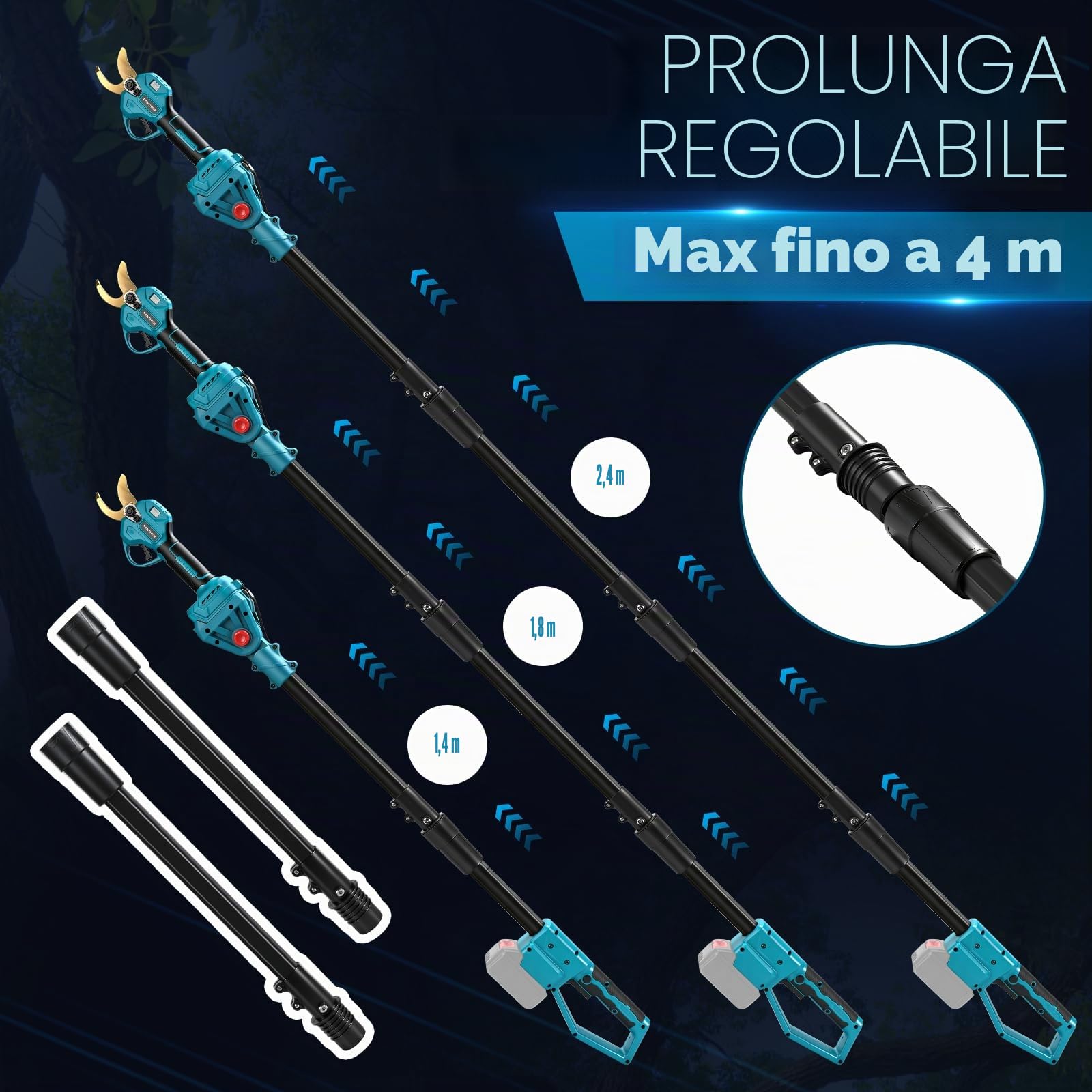 Forbici Elettriche da Potatura a Batteria 45 mm con Asta Telescopica da 2 Metri, Cesoie Elettriche da Potatura, Cesoie a batteria, Forbici da Potatura per Giardinaggio, Alberi da Frutto