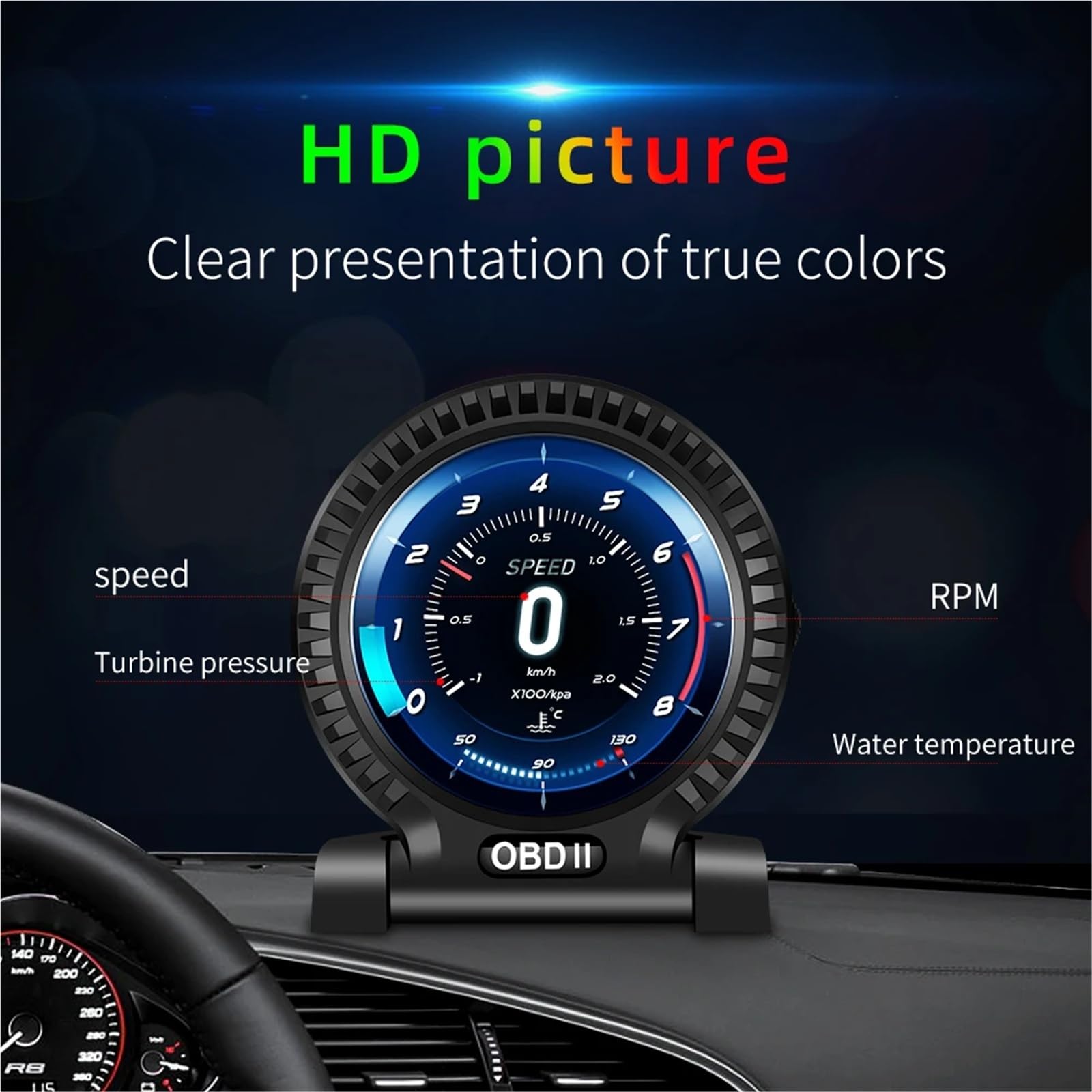 Pantalla Frontal HUD OBD2 for Coche con múltiples Indicadores for Velocidad, RPM, Voltaje, ODO y Reloj(Black)