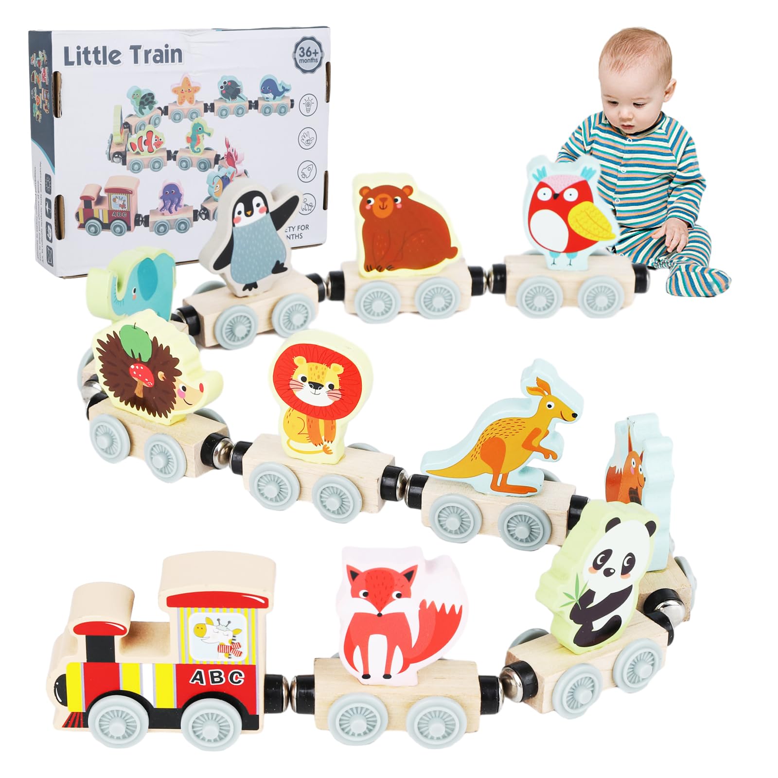 Fadcaer Wooden Train Set, 11 Pcs Magnetic Animals Train, Toddler Vehicles for 2-4 Year Olds, Montessori Car Toys, Educational Learning Toys for Boys & Girls