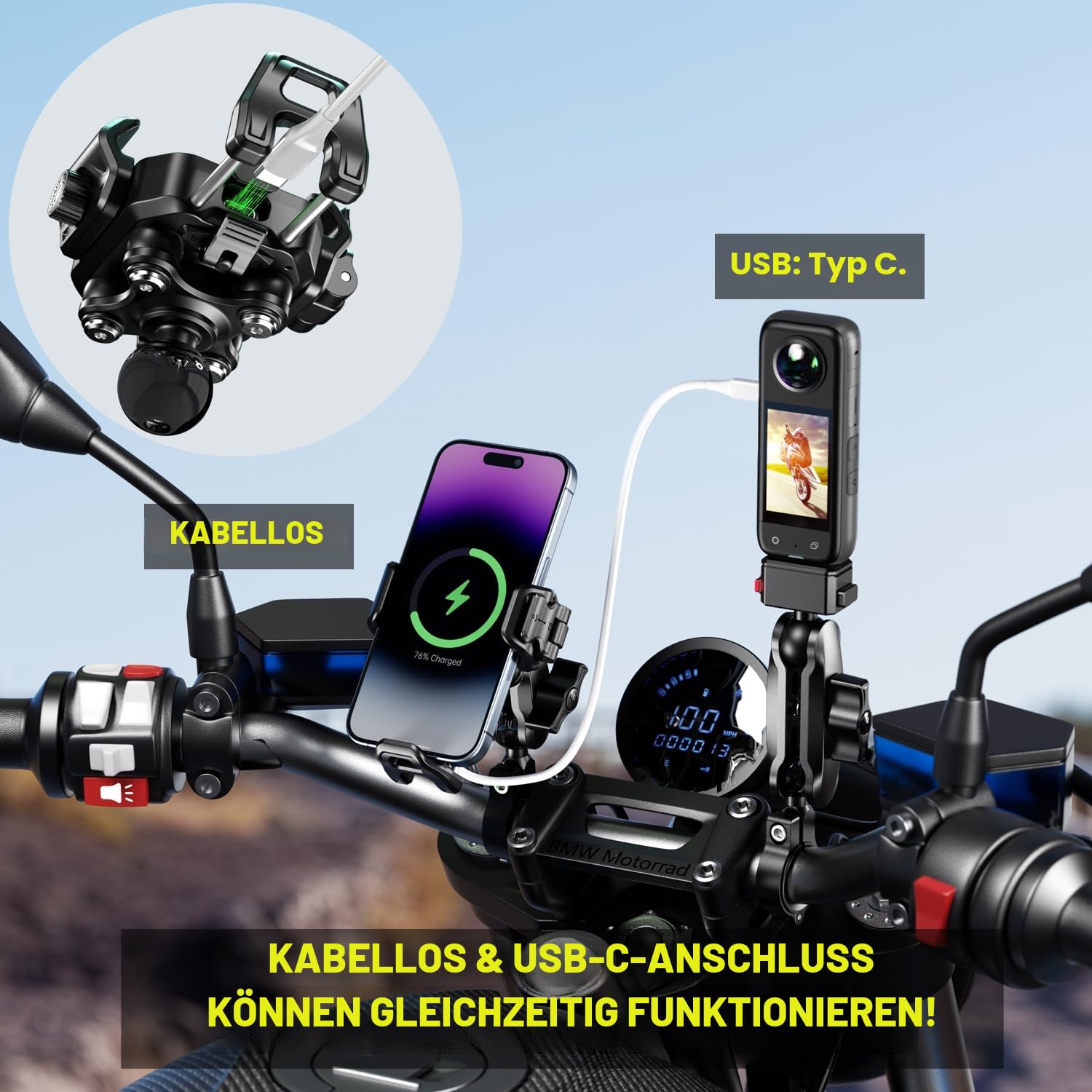 iMESTOU Kabellose USB-C Handyhalterung für Motorrad, Vibrationsdämpfend und Wasserdicht, 2,5 cm Kugel Qi Handyhalterung, Geeignet für 4,7"-7,2" mit max. 15mm Dicke Handys, Passend für 22–32 mm Lenker