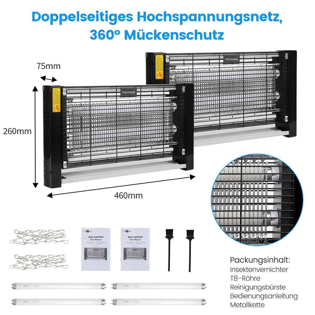 Matamoscas eléctrico 2PCS, 20 W, protección UV, Doble Cara, 2400 V, Trampa para Mosquitos, polillas y Moscas, sin Veneno, 2 Unidades