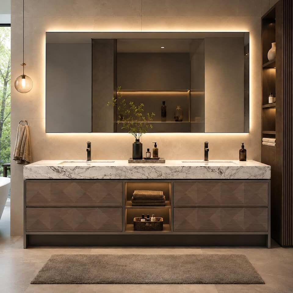 110 IN Freestanding Double Bathroom Vanity with Sinks & LED Backlit Mirror