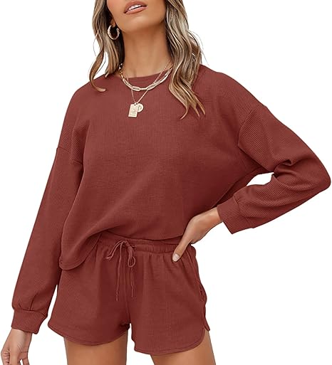 ZESICA Women's Waffle Knit Long Sleeve Top and Shorts Pullover Nightwear Lounge Pajama Set with Pockets