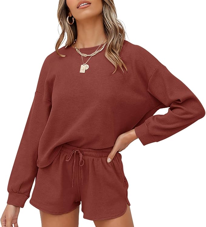 ZESICA Women's Waffle Knit Long Sleeve Top and Shorts Pullover Nightwear Lounge Pajama Set with Pockets