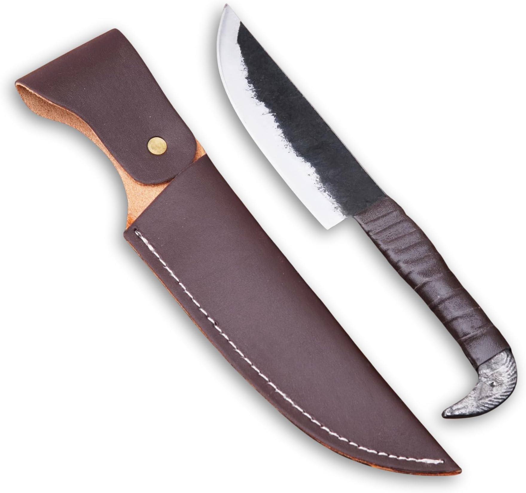 Odinโs Raven-Head Viking Seax Knife | Hand-Forged Carbon Steel Norse Knife | 5.3โ Fixed Blade & 4.7โ Handle | Leather Sheath | Hunting, Camping & Collectible