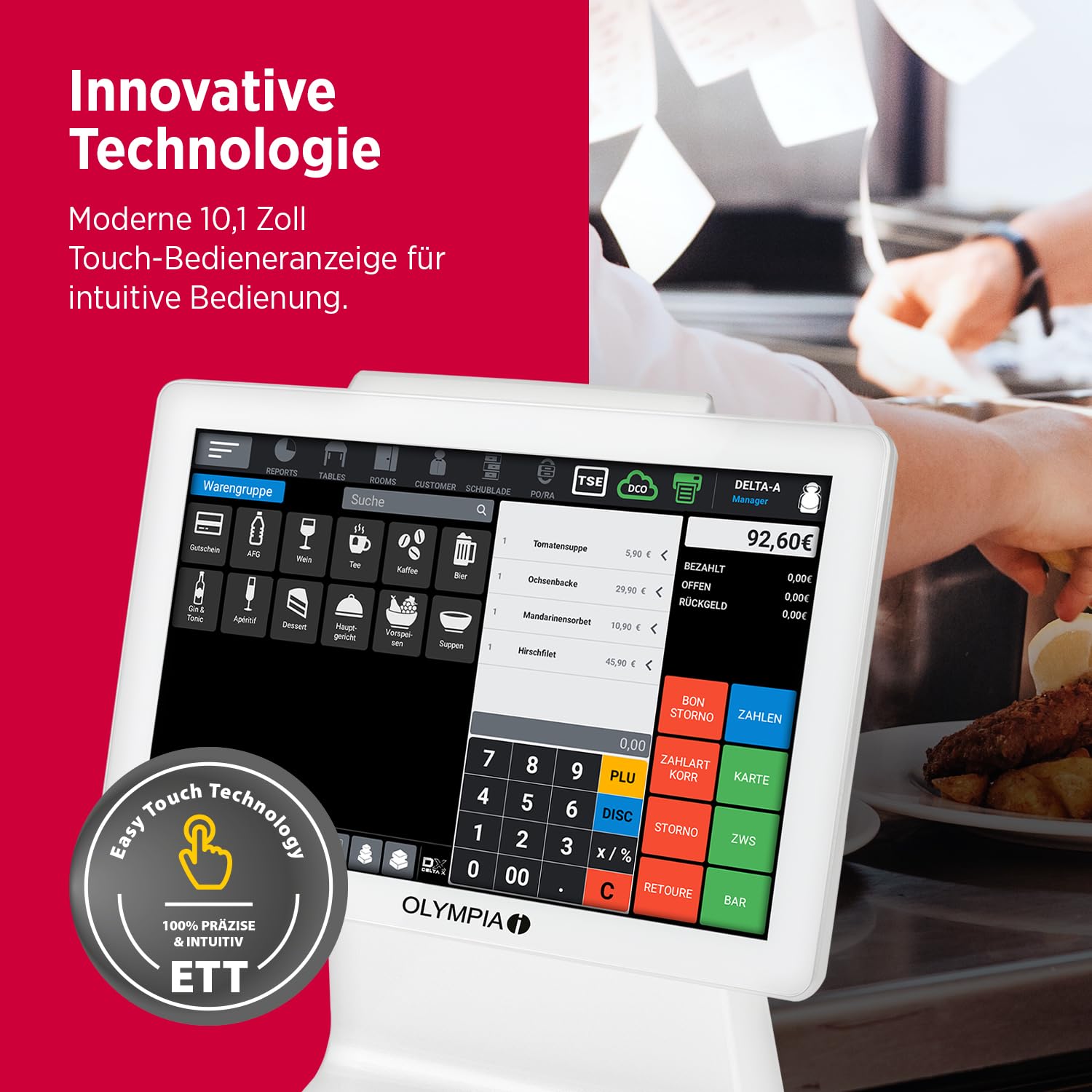 Olympia TS10 Système de caisse à écran tactile pour restauration et vente au détail | Caisse Android avec scanner et affichage client | Caisse enregistreuse avec écran de 10,1" (blanc)