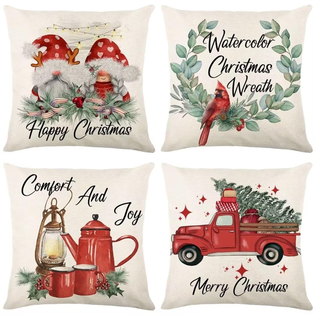 Funda de Almohada 55x55 cm Navidad Fundas Cojines Sofa Juego de 4 Funda Cojin Super Suave Almohada Cojin, Decoración Funda Cojines Cama con Cremallera Oculta para Sala de Estar Sofá Dormitorio R348