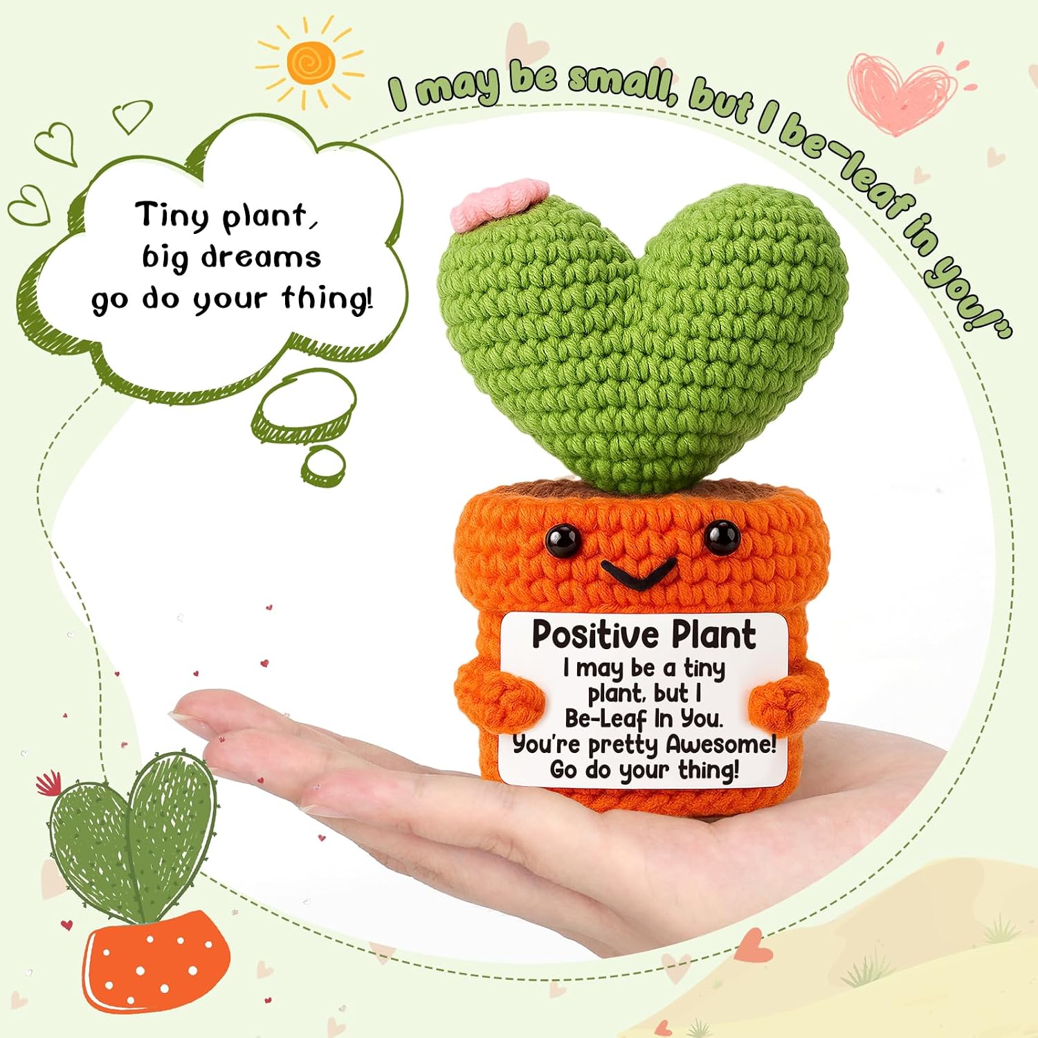 Mini Positive Crochet Cactus Inspirational Gifts for Women Handmade Crochet Heart Cactus Encouragement Cheer Up Support Gift for Friend Coworkers Birthday Valentine's Day Office Decor