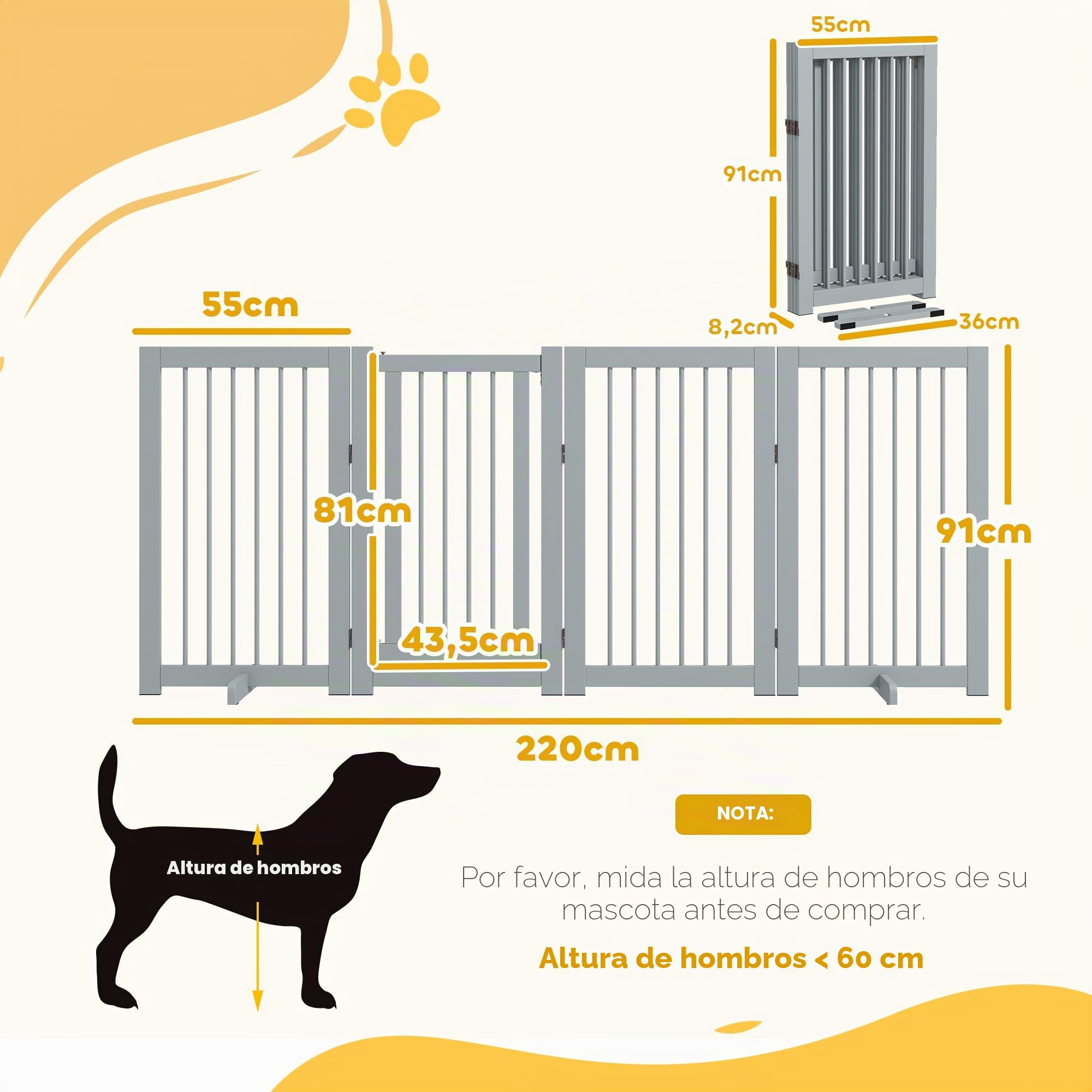 PawHut Barrera para Perros de 4 Piezas, 220 x 91 cm Puerta de Seguridad Plegable con Puerta, Puerta para Perros Independiente con 2 Patas de Apoyo, Puerta de Madera para Pasillo, Cocina, escaleras,