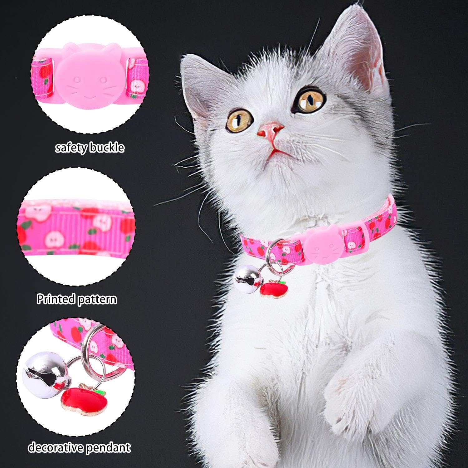 FFDHWU 3 Pieces Fruit Pet Collar, Kitten Collar, Pink Cat Collar, Kitten Collar With Bell, Cat Collar for Girls Loud Cat Bell On Collar - Image 3