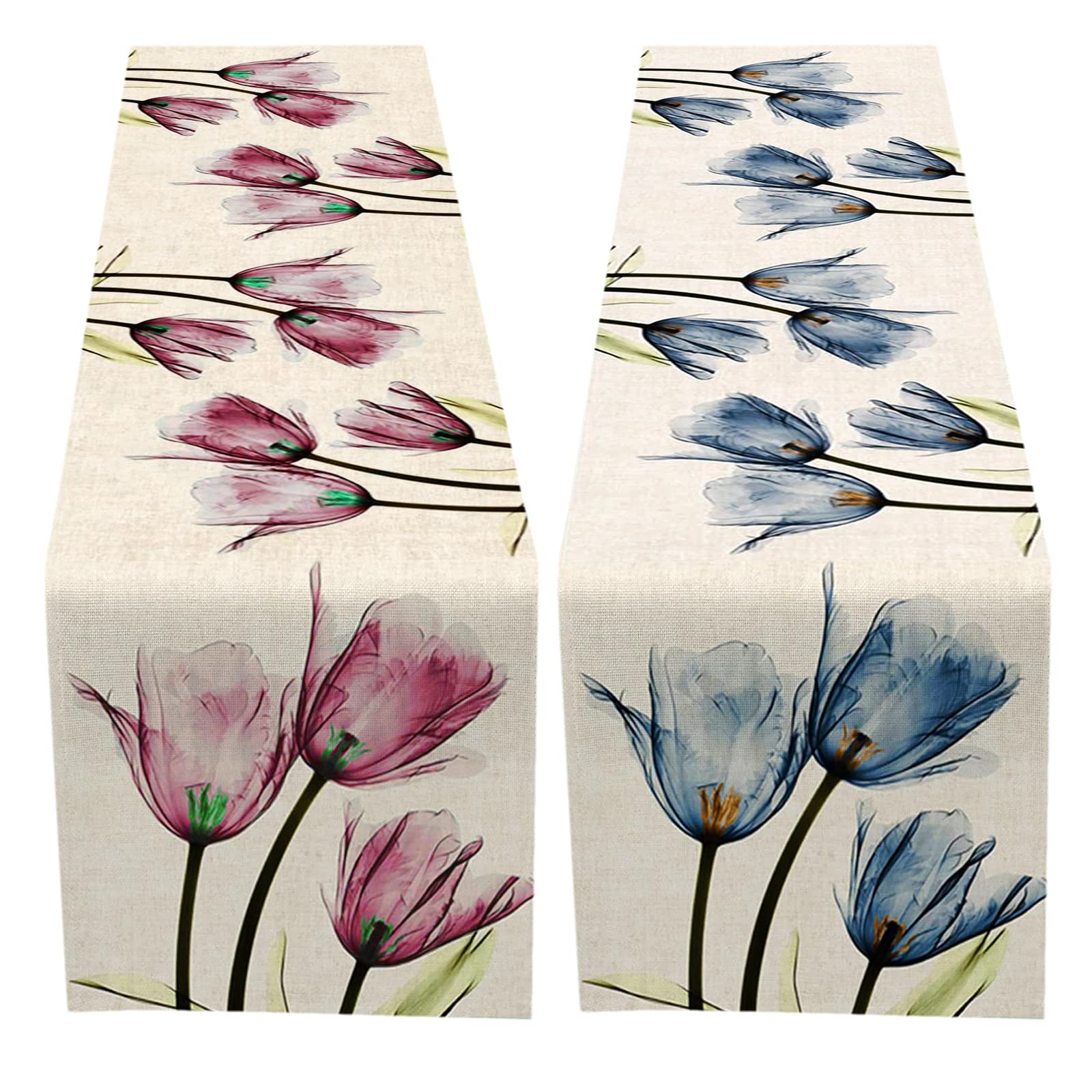 Tulip Linen Table Runner 2 Packs,Summer Table Runner 13 x 70 Inch,Flower Floral Table Runner for Indoor Outdoor Home Party Decor
