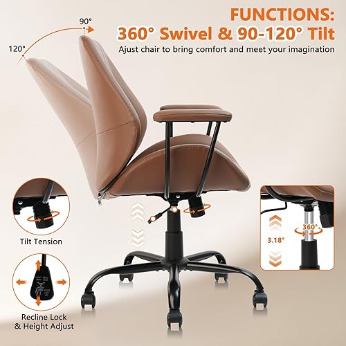 Miniatura 4 de CLATINA Silla de oficina de cuero marrón con ruedas y brazos, silla ergonómica de escritorio para el hogar con soporte lumbar, sillas de trabajo