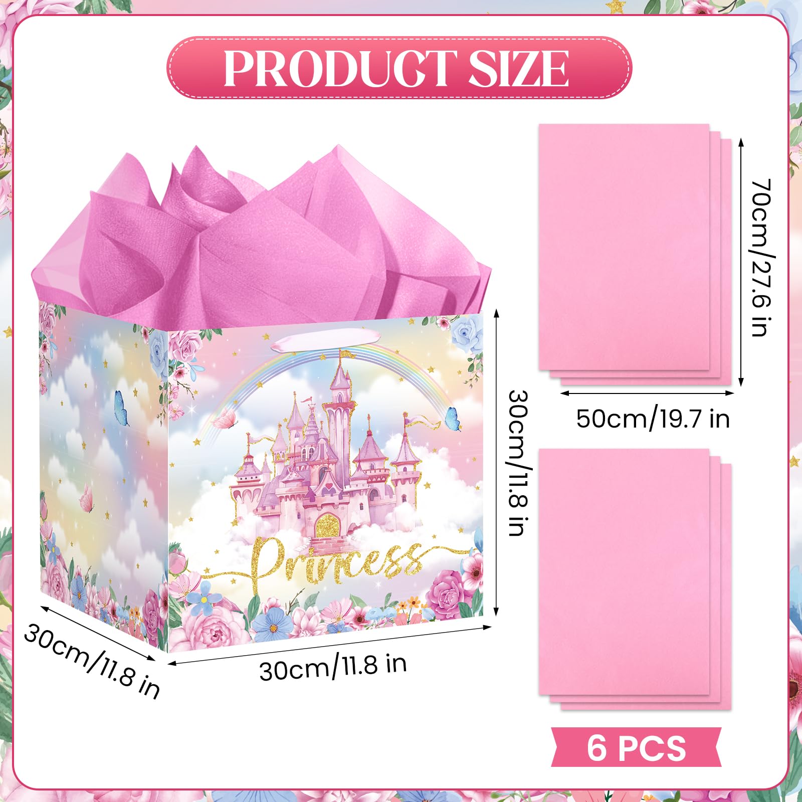 Extra Large Princess Gift Bag for Girls, Pink Castle Party Favors Bag with 6Pcs Tissue Paper Jumbo Flower Floral Gifts Bag with Handles Princess Wrapping Paper Bags for Birthday, Wedding, Baby Shower
