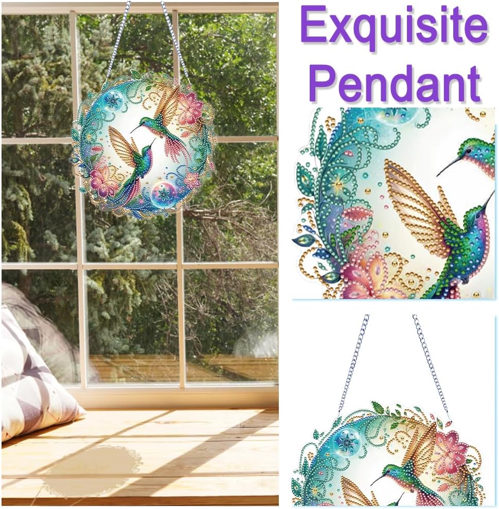 jinglinhh DIY Diamond Art Hanging Pendant Kit Hummingbirds Dream Flower, Acrylic Diamond Art Suncatchers for Adults, Crystal Rhinestones Window Wall Ornament Kit image 5