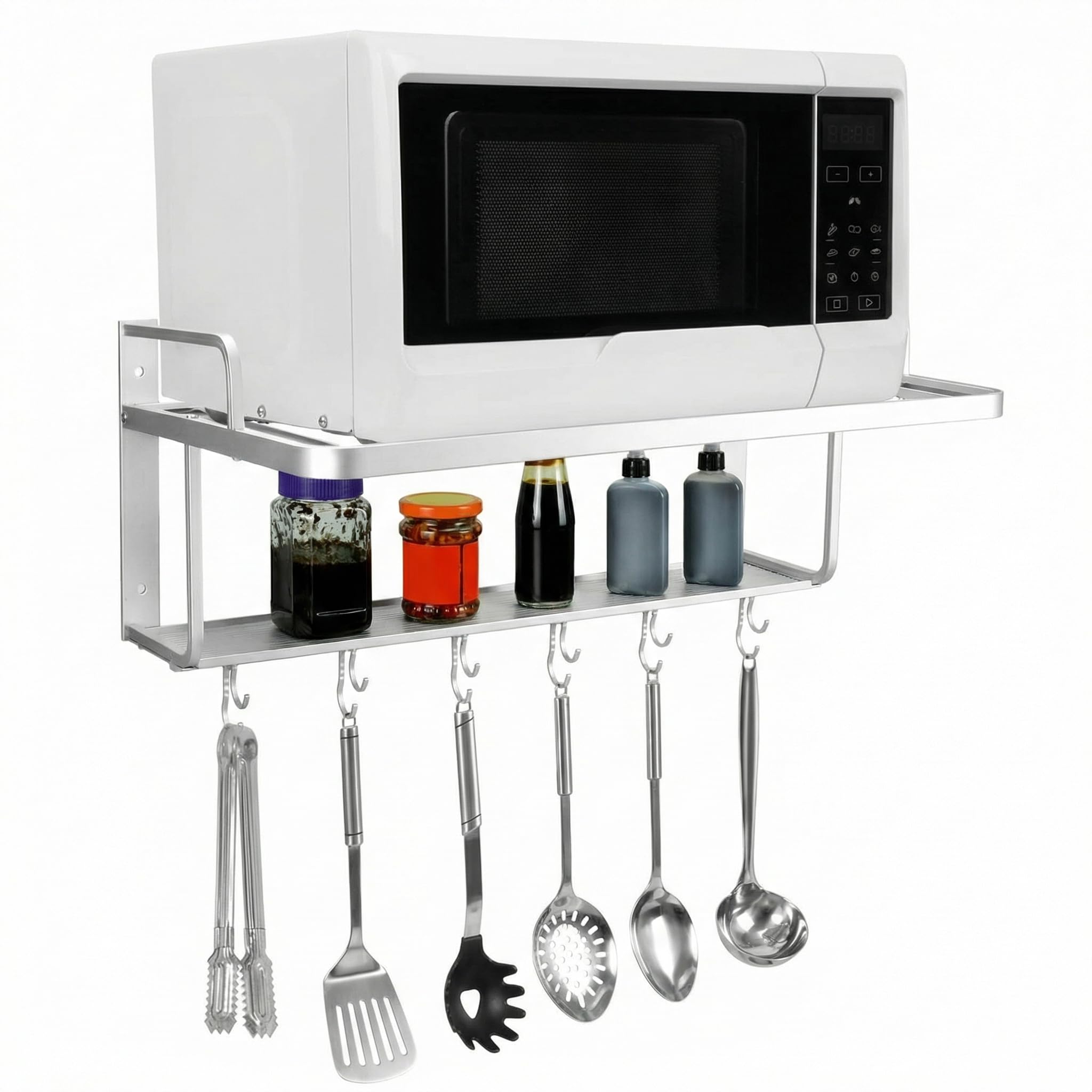 QWORK® Estante colgante para microondas, microondas de montaje en pared, soporte para microondas, 2 estantes, con 10 ganchos, 55 x 38 x 25 cm