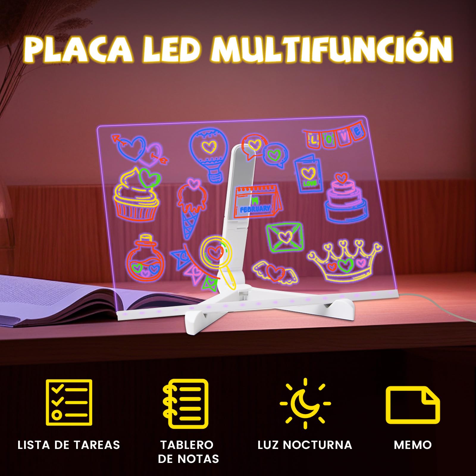 Lustaled Tablero de dibujo LED, tablero acrílico con luz LED para garabatos con bolígrafo de 7 colores, 30 x 20 cm con soporte, tablero mágico de mensajes de escritura LED para niños, tablero de notas