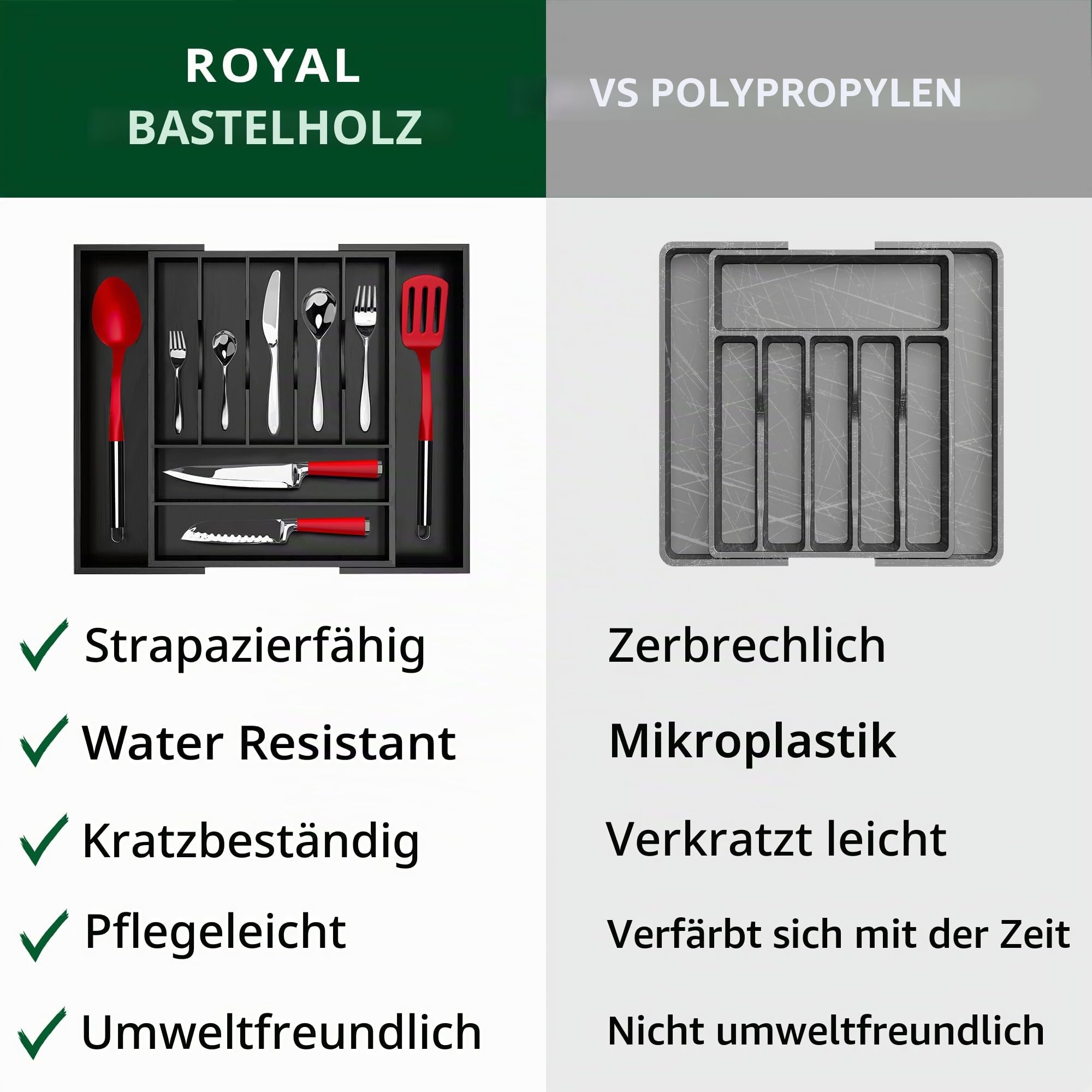 ROYAL CRAFT WOOD Luxuriöser Schubladen-Organizer aus Bambus – Besteck-Organizer – Utensilienhalter und Besteckkasten mit gerillten Schubladenteilern für Besteck und Küchenutensilien (schwarz)
