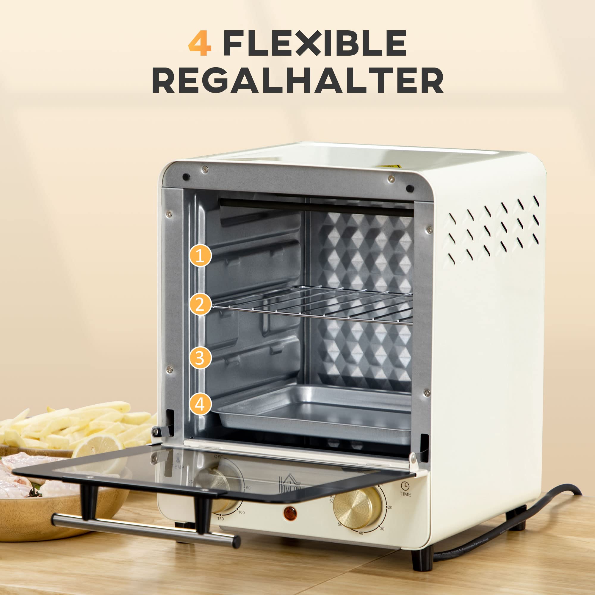 HOMCOM Mini Backofen 15 L 1000 W 60-230℃ inkl. Krümelblech, Backblech und Grillrost, Minibackofen mit 60 Min. Timer Cremeweiß