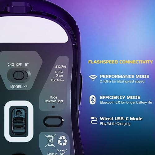 Miniatura 4 de MANBASNAKE Attack Shark X3 - Mouse inalámbrico para juegos, 1.73 oz, ligero, triple modo, ergonómico, sensor PAW3395 26K DPI, duración de la batería