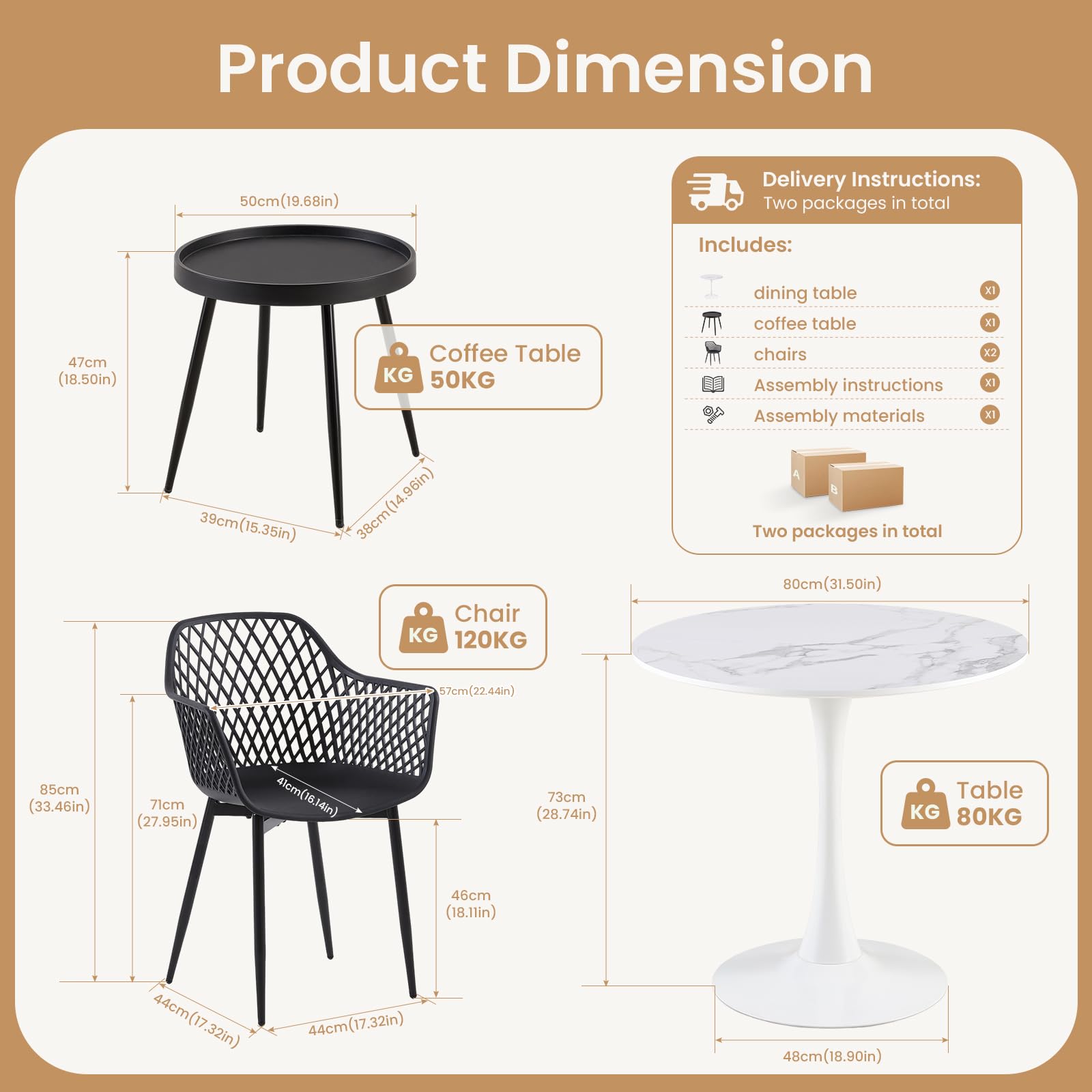 Tavolo bistrot con 2 sedie, piccolo tavolo da pranzo con 2 sedie | Set tavolo e sedie per sala da pranzo: 2 poltroncine nere + 1 tavolino + 1 tavolo effetto marmo – ⌀ 80 cm
