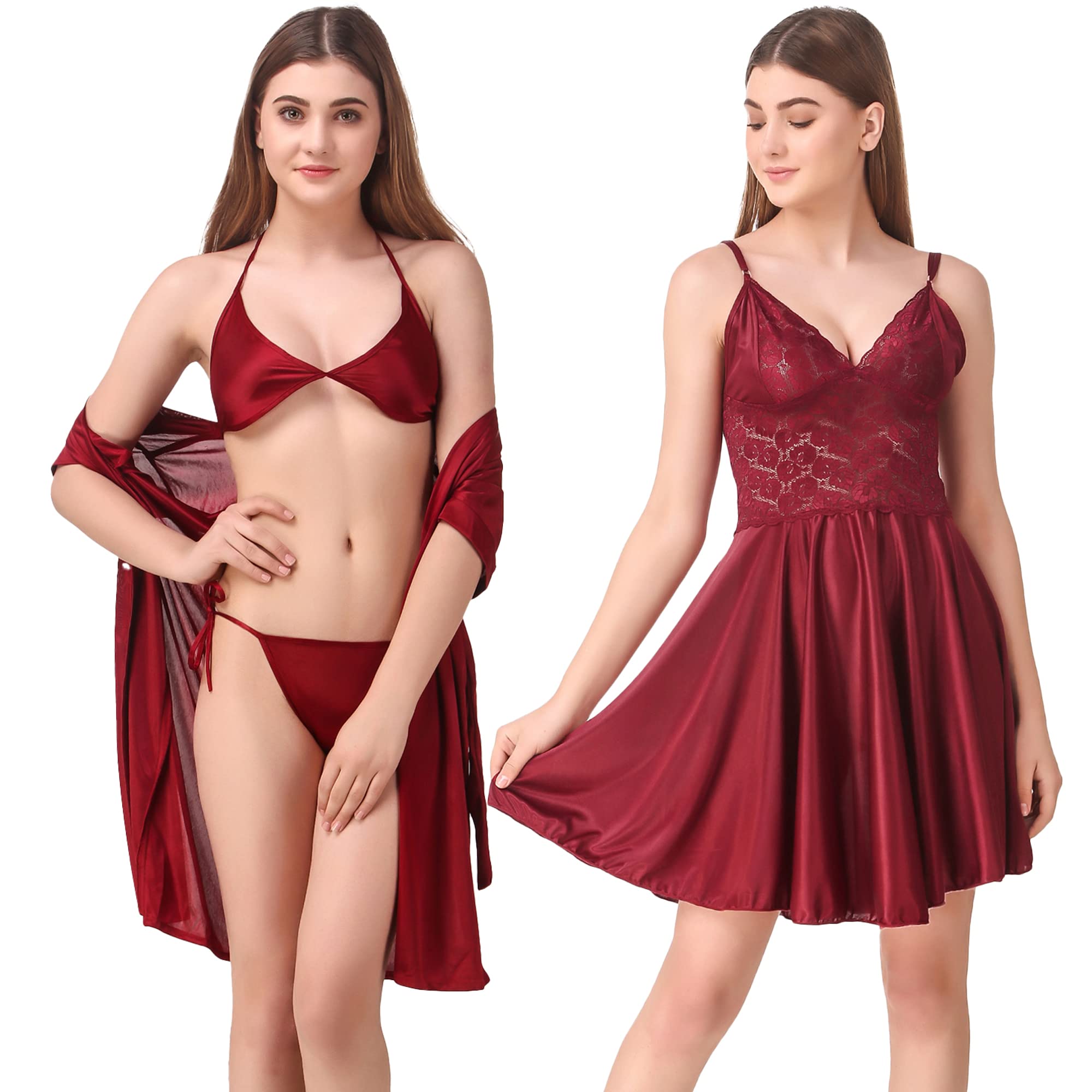 romaisa Women's Satin Solid Above Knee Length Nighty, Wrap Gown, Bra and Thong (Size - Free Size) (Nightwear Set Pack of 4)-picture-40