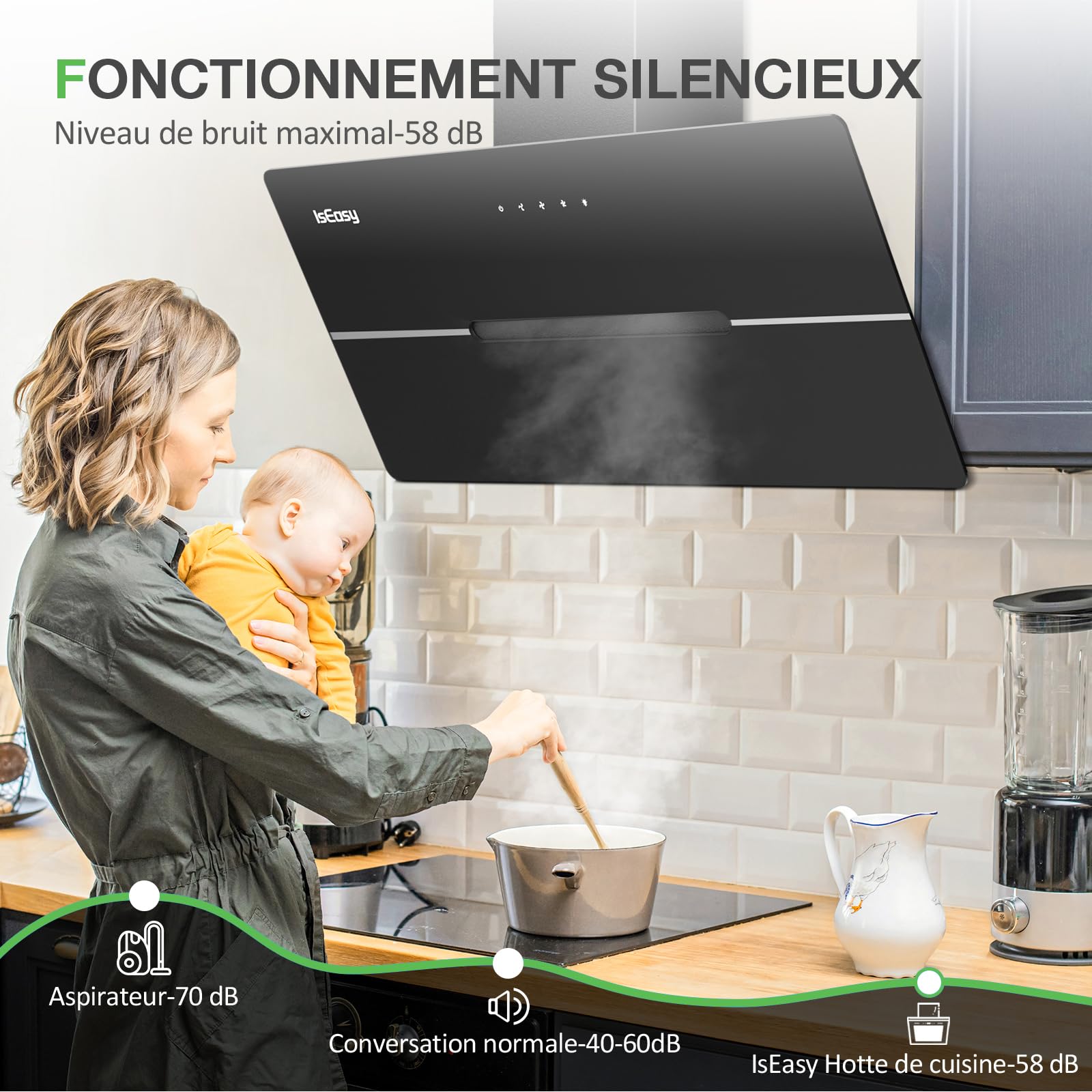 Hotte Aspirante 90cm, IsEasy Hotte Aspirante Inclinée Noir, 578 m³/h Classe A++, 3 Niveaux de Vitesse, Éclairage LED, Hotte Murale Évacuation ou Recyclage, Filtre à Charbon Inclus