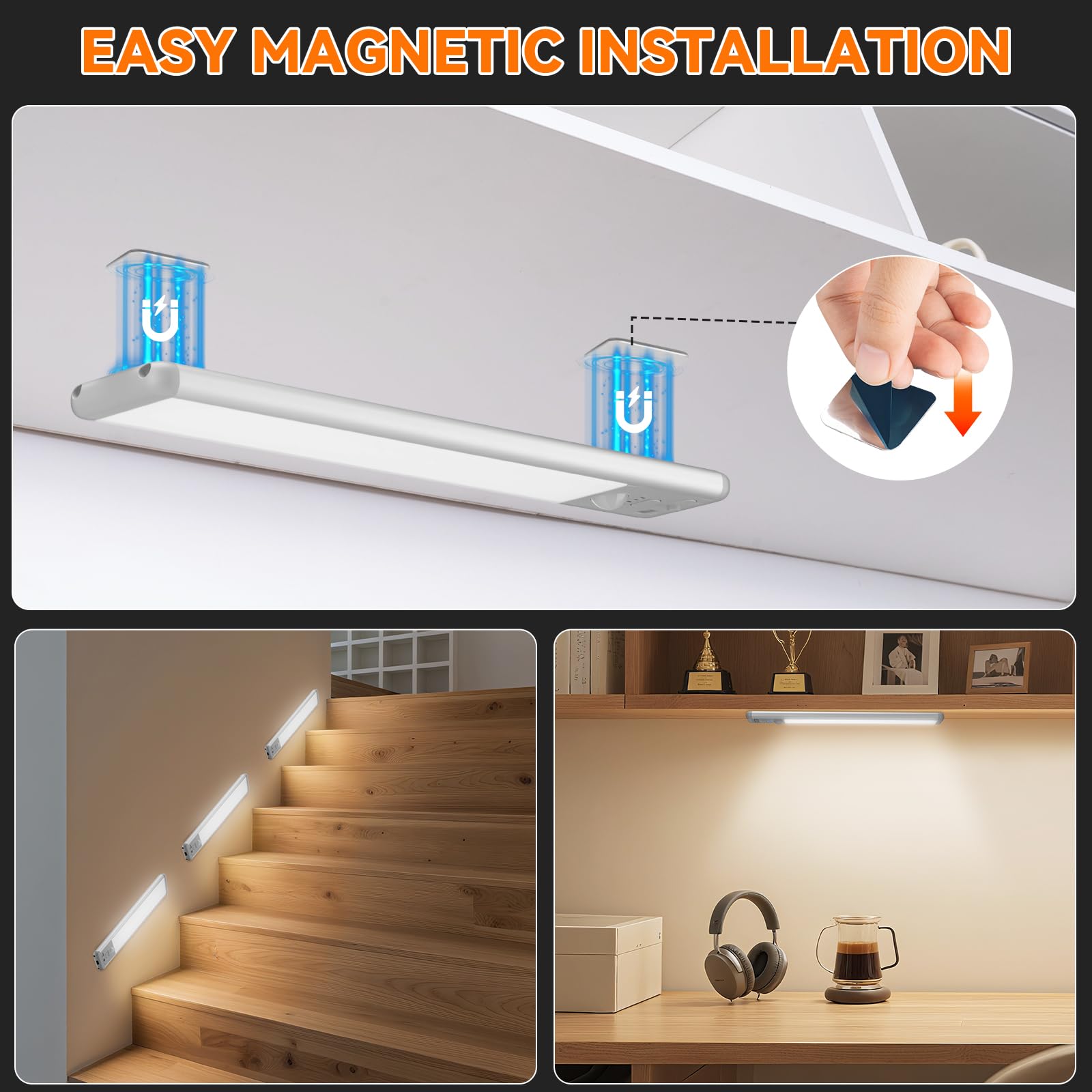 Under Cabinet Lighting Wireless Rechargeable Motion Sensor Light Indoor 3 Color Dimmable Closet Light Battery Operated with LED — view 6