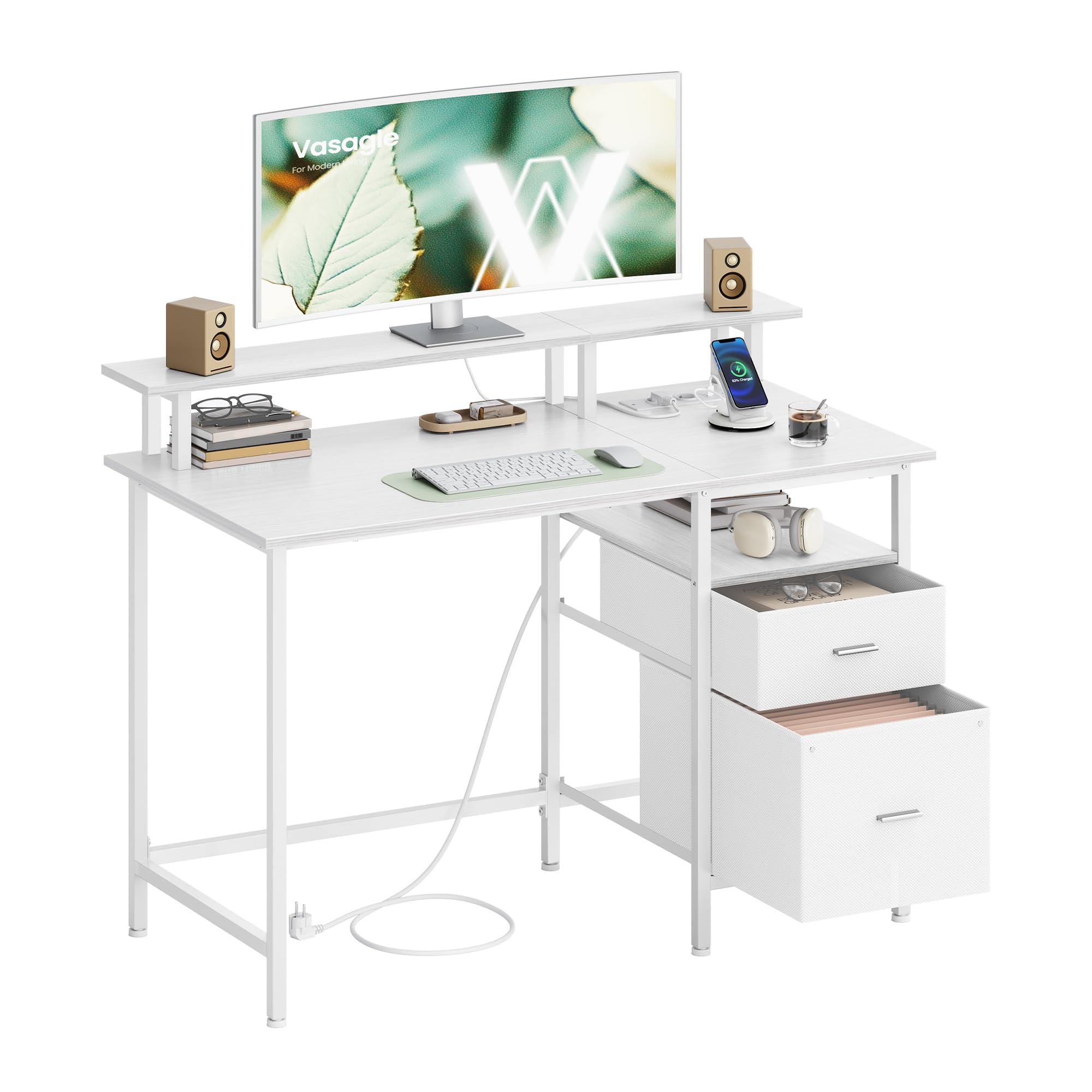 VASAGLE Escritorio, con Cajones de Tela, Mesa de Ordenador con Soporte para Pantalla, Regleta, 2 Puertos USB, para Oficina en Casa, 120 x 60 cm, Blanco Arce LWD093W01V1