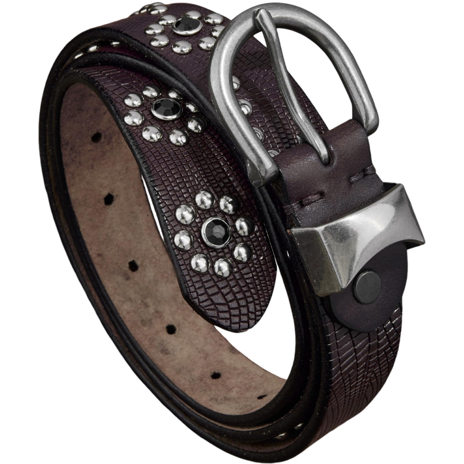 AGUTALITHIC Rhinestones Round Rivets in Floral Arrangement Studded Belt – Punk Rock Crocodile Pattern Embossed Leather Strap(105cm/41, Coffee)