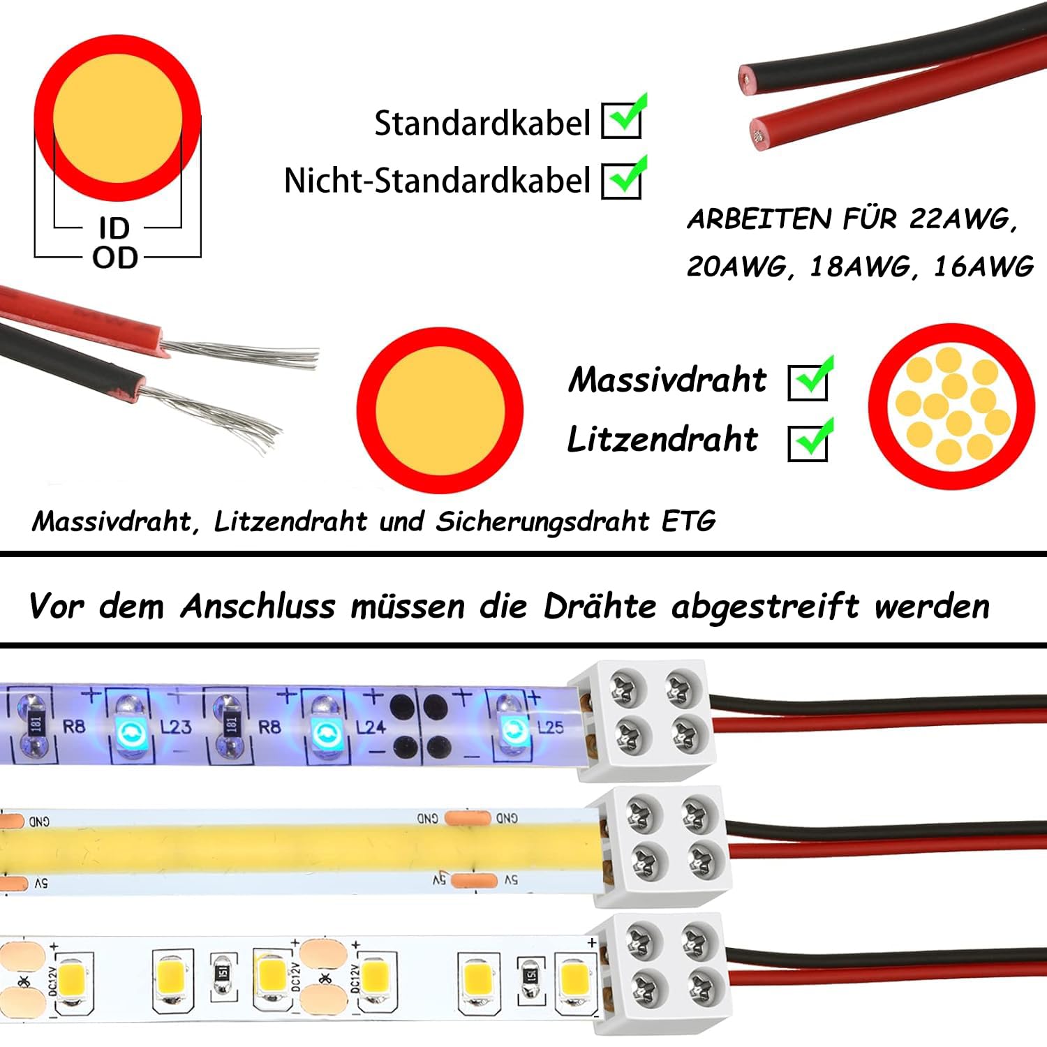 12 connettori LED a 2 poli. Terminali di collegamento a vite per stringere striscia LED al filo 2 poli 8 mm senza saldatura per strisce LED SMD 5050 3528 COB