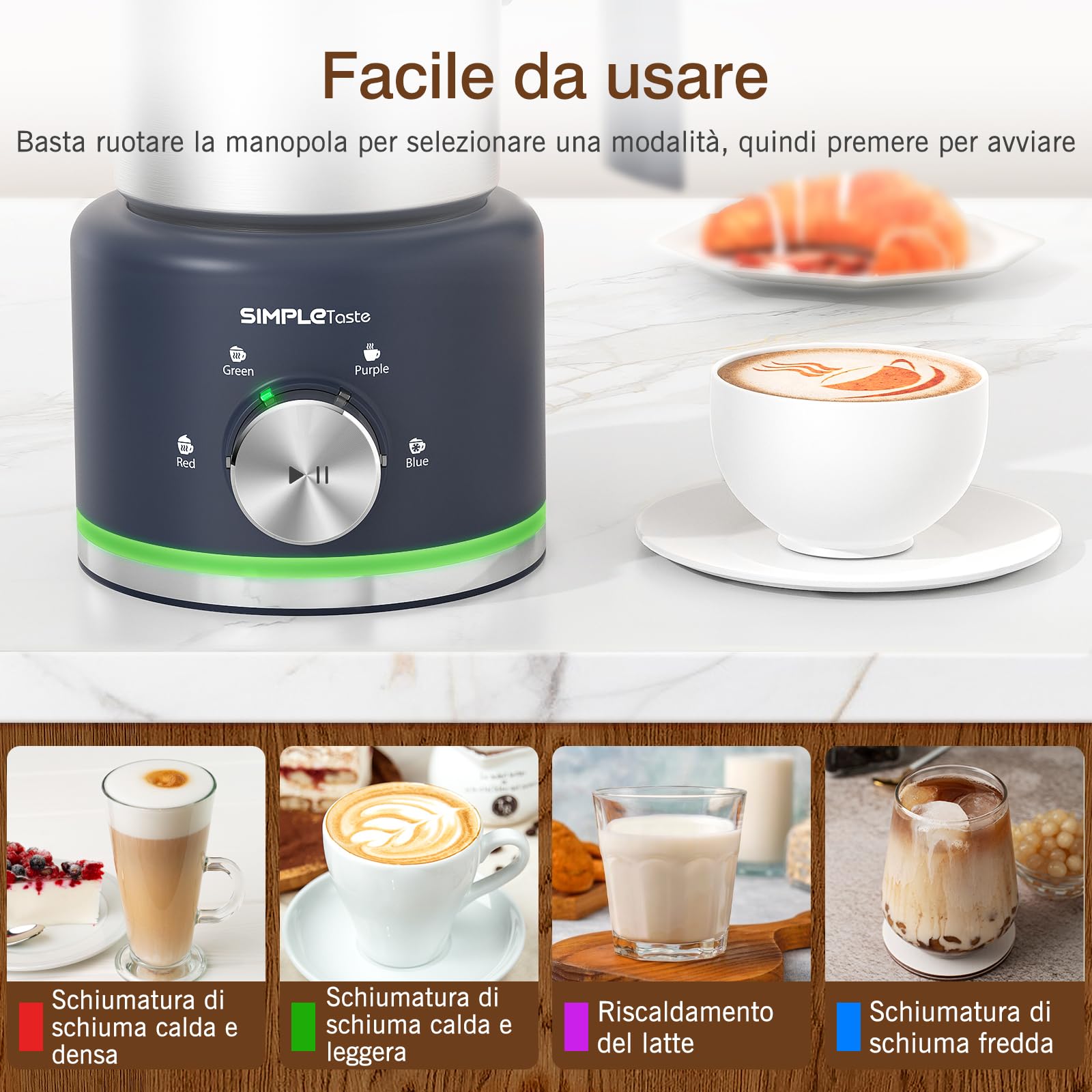 SIMPLETASTE Montalatte Elettrico 4 in 1, Bricco Rimovibile, 500 ml Schiumatore Automatico ad Alta Capacità per Latte Caldo e Freddo, Caffè, Latte, Macchiato, Cappuccino e Cioccolata Calda