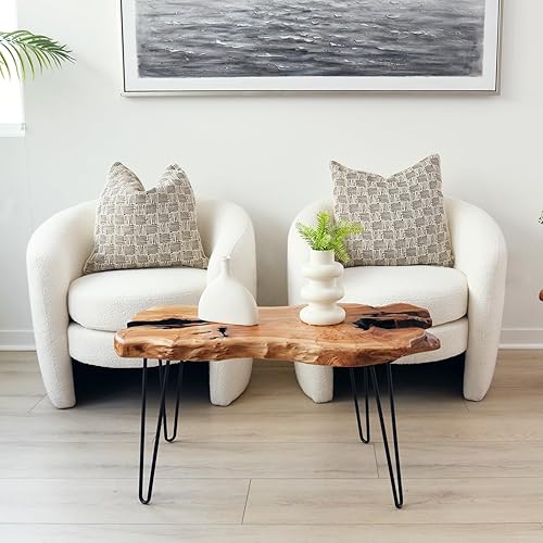 Miniatura 6 de WELLAND Mesa de centro de madera de cedro con borde vivo, patas de horquilla de metal, 32.5 pulgadas de ancho x 17 pulgadas de profundidad x 16