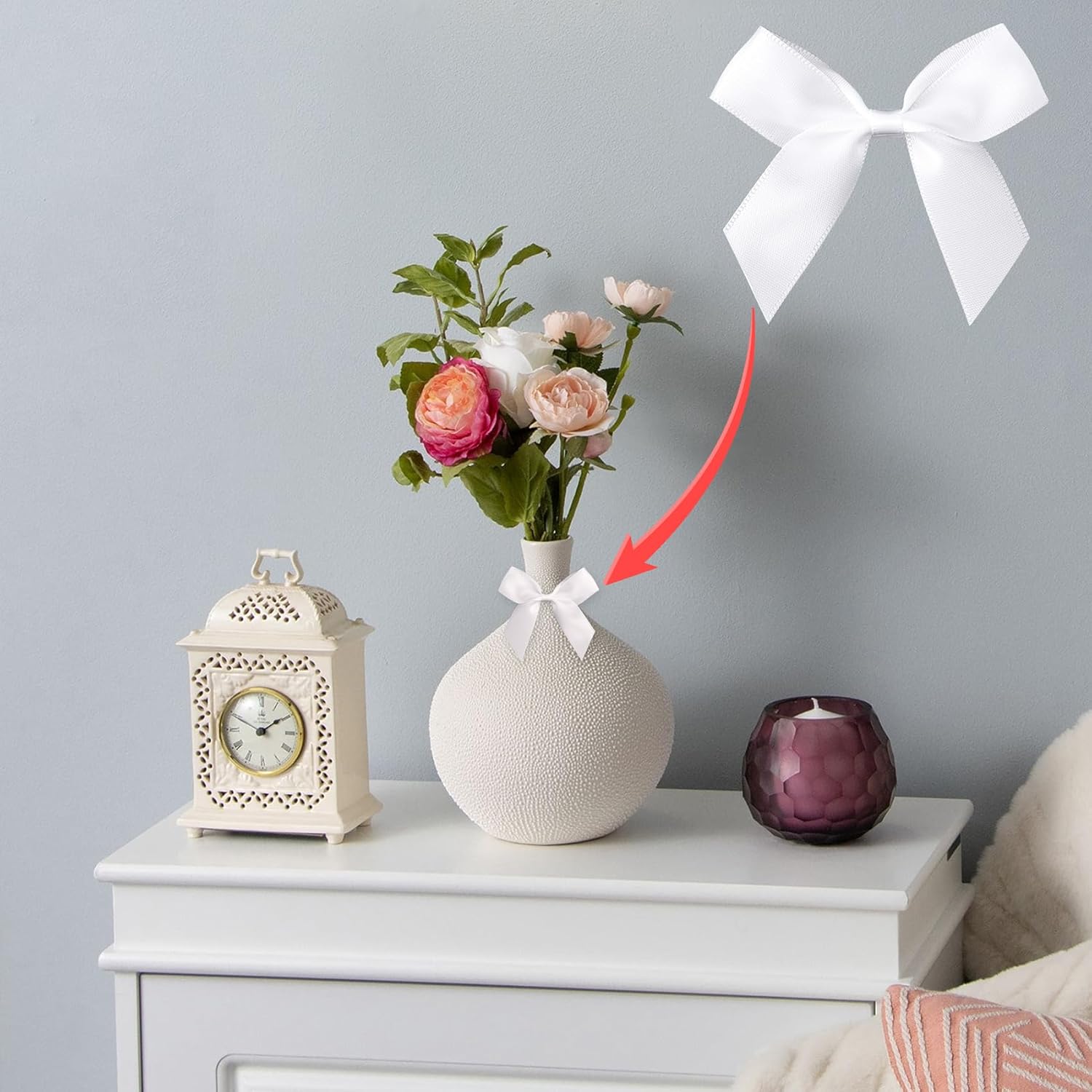 15PCS Self-Adhesive White Bow Decor, 2.5" Premade Satin Ribbon Bow, Soft Small Craft Bowknots for Present Wrapping, Cute Cake Bows for Wedding Birthday Party Decoration - White - Image 3