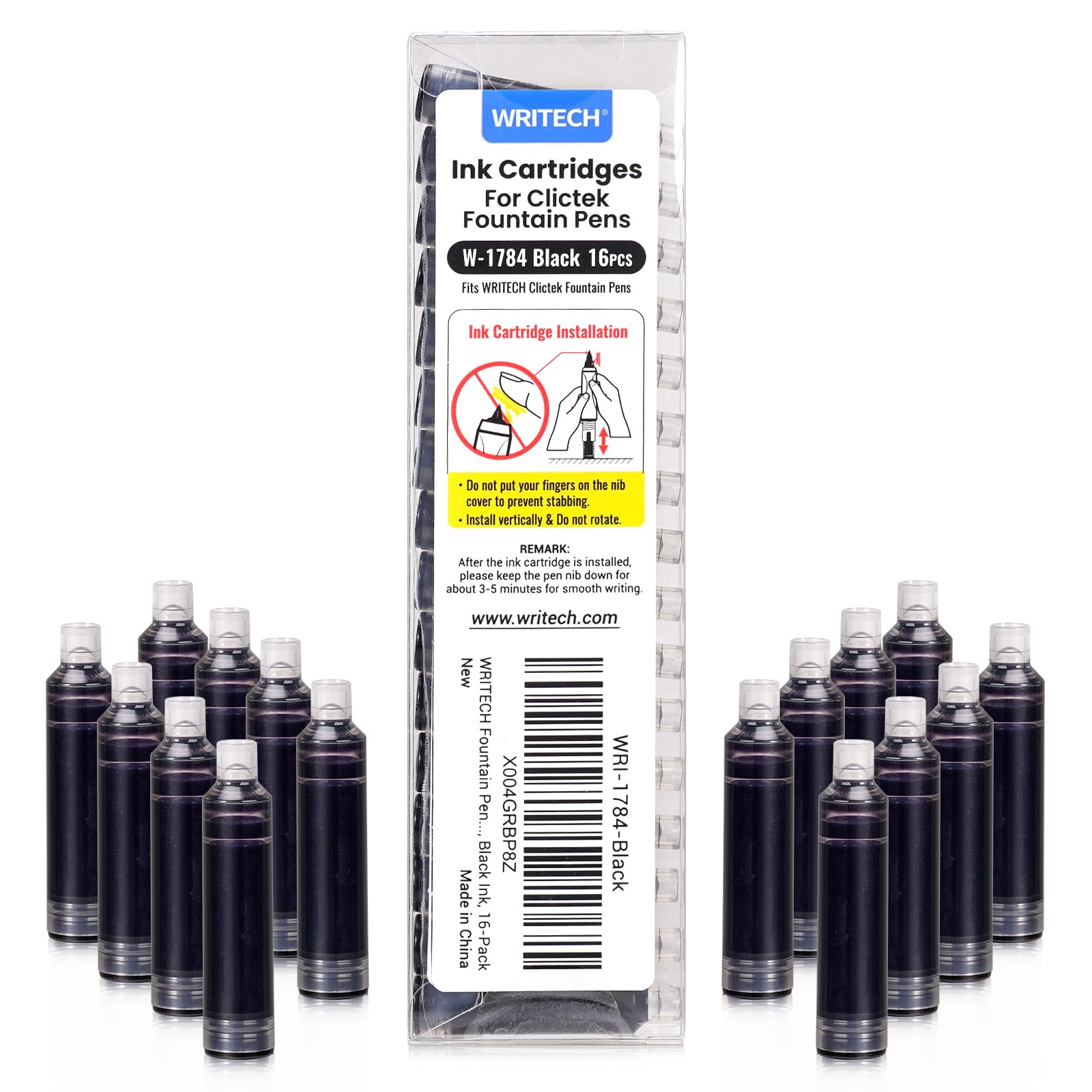 WRITECH W-1784 Cartridge Black Ink: 16ct for Clictek Fountain Pen