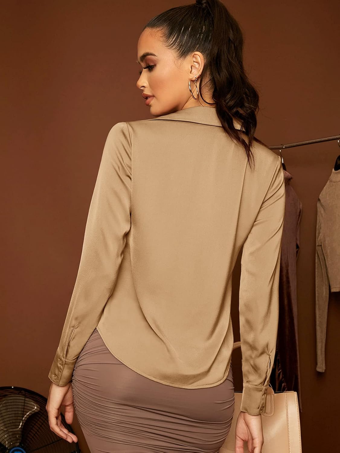 Floerns Women's Satin Long Sleeve Button Up Blouse Work Office Silky Shirts Tops - Image 2