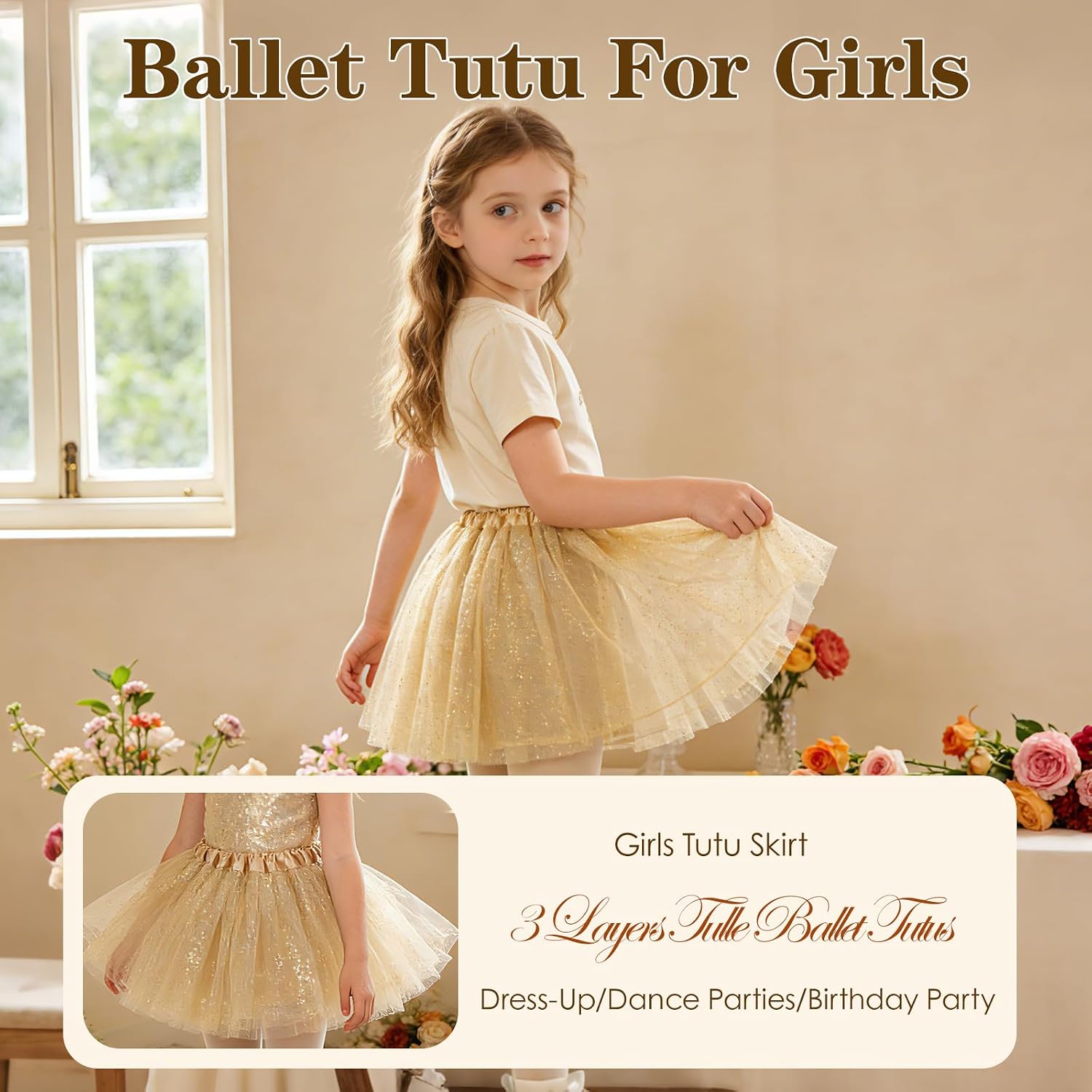 Girls Tutu Skirt,3 Layers Tulle Ballet Tutus for Dress-Up, Dance Parties, and Birthday Party Costumes