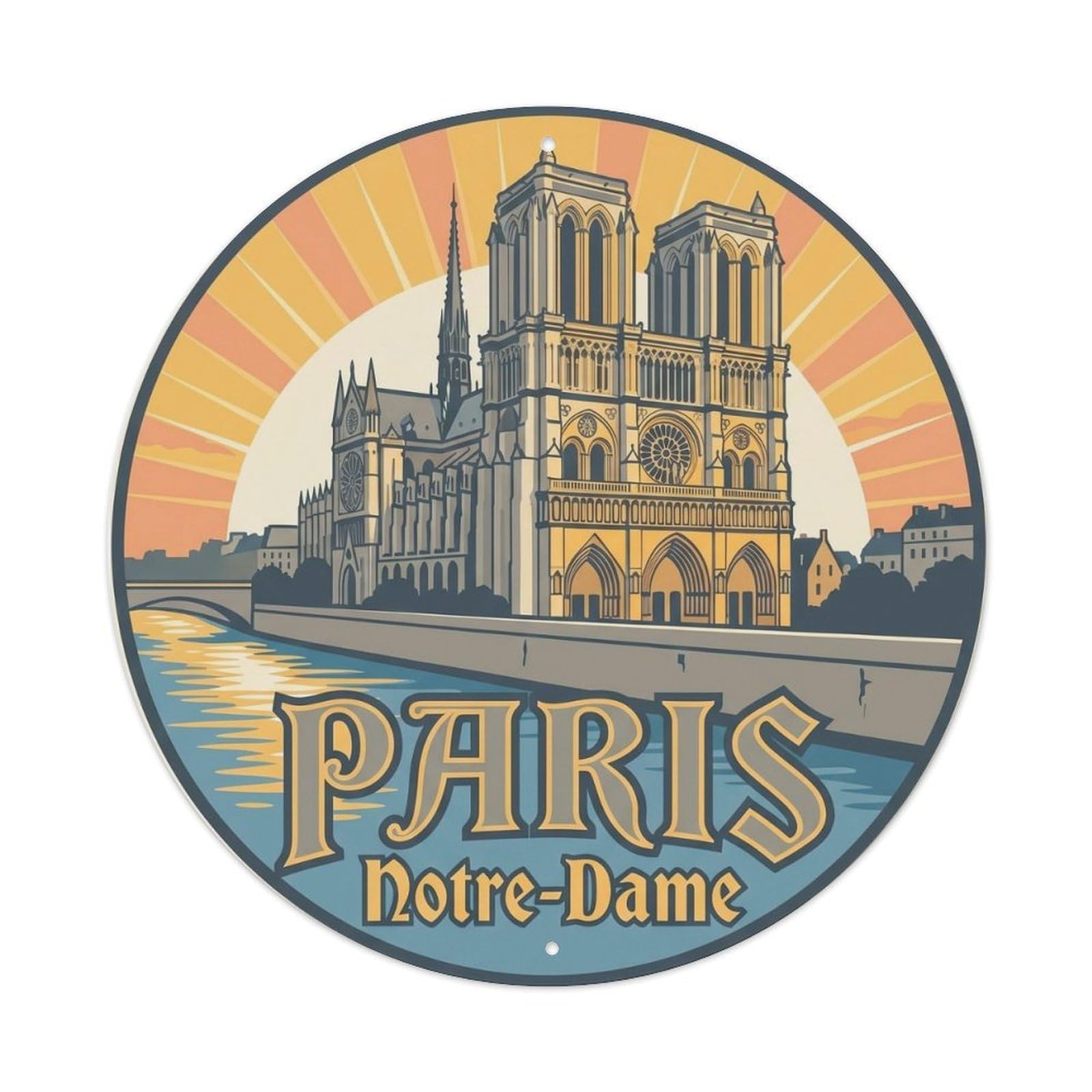 Vintage Travel Parisian Notre Cathedral Metal Tin Sign Plaque Wall Decor for Cafe, Club Bar, Office, Home Garden Round Metal Poster 8x8Inch
