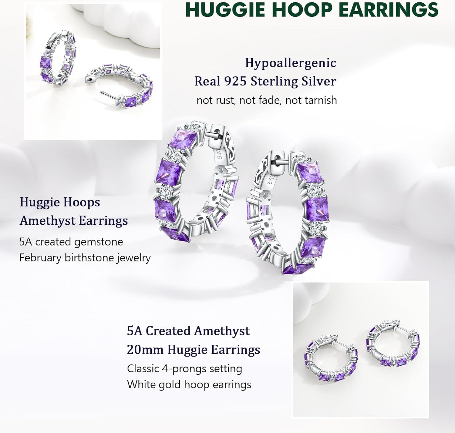 925 Sterling Silver Created Gemstone Hoop Earrings for Women Lightweight, 20mm Huggie Hoops Mother's Day Anniversary Christmas Jewelry (with Box)