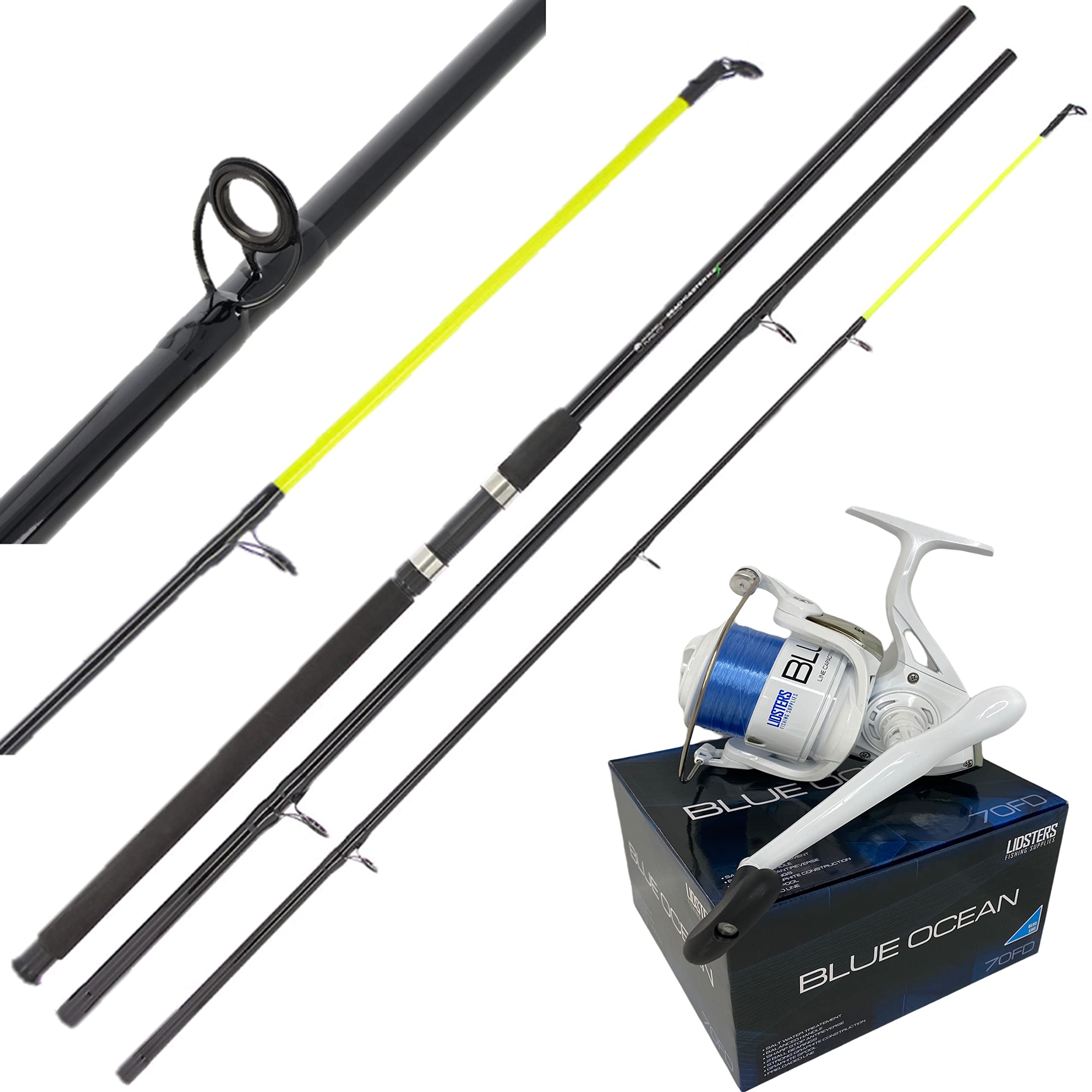 AP Beachcaster Sea Fishing Rod 12ft 3pc +Lidsters BLUE OCEAN 70 Reel BLUE Line