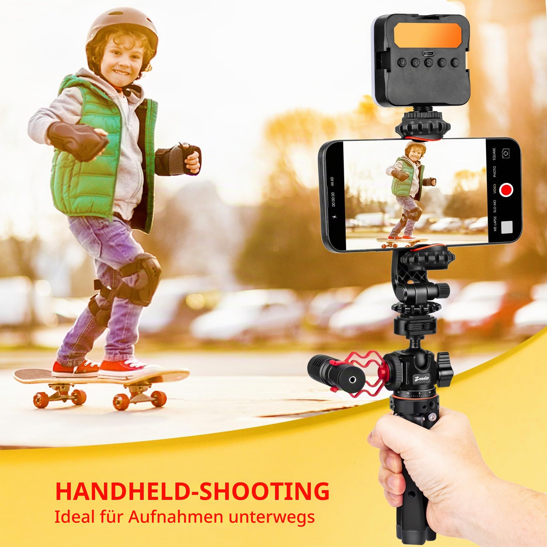 Zeadio Robustes Stativ-Set aus Metall, 1/4" Adapter Stativgewinde mit Smartphone-Halter & Action-Cam-Adapter Handy-Stativ & Reisestativ für iPhone/Android Kamera Gimbal Action-Cam u.a